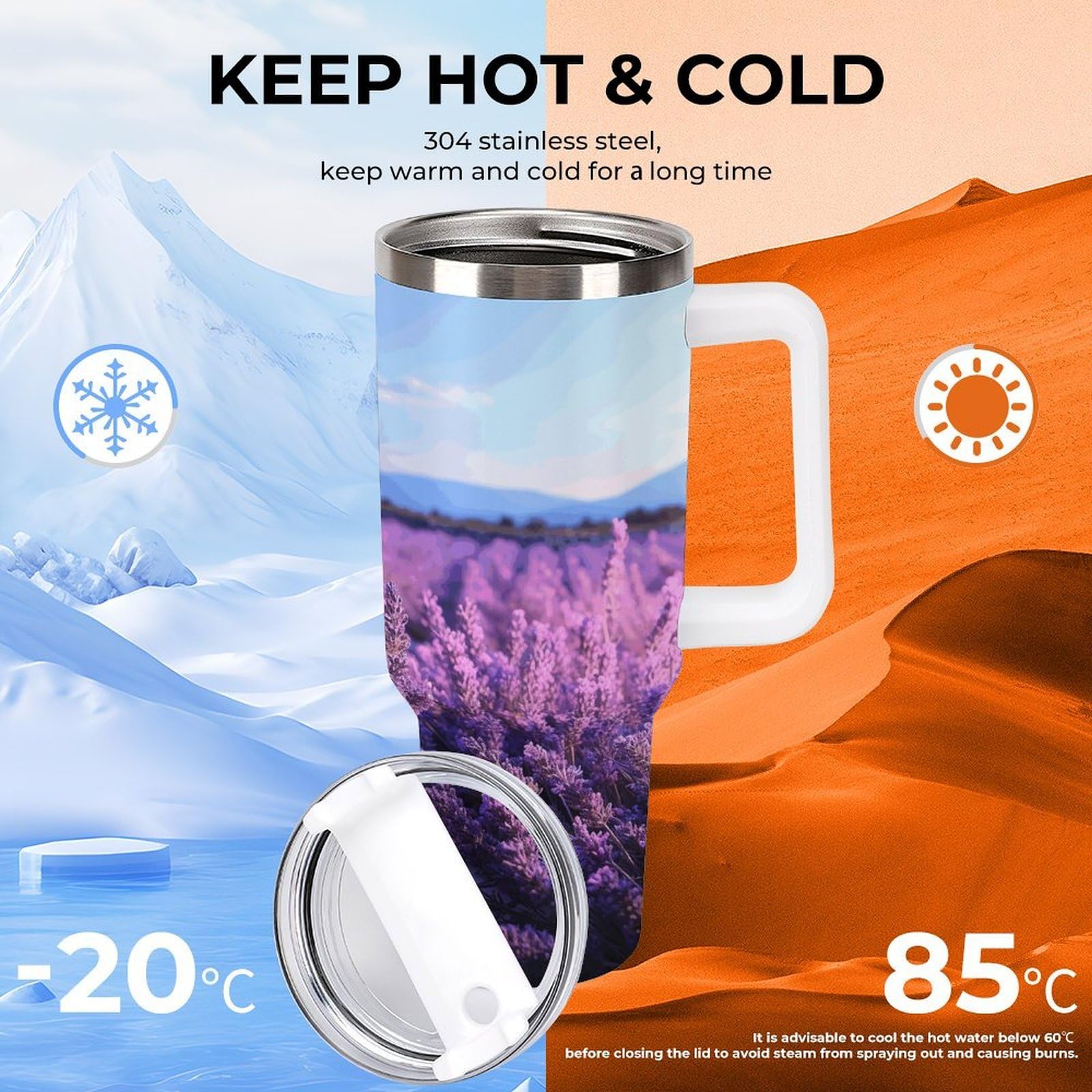Romantische Lavendelbecher mit Strohhalm und Griff, doppelwandige Vakuumisolierung, Wasserflaschen für Eiskaffee, Tee, heiße und kalte Getränke