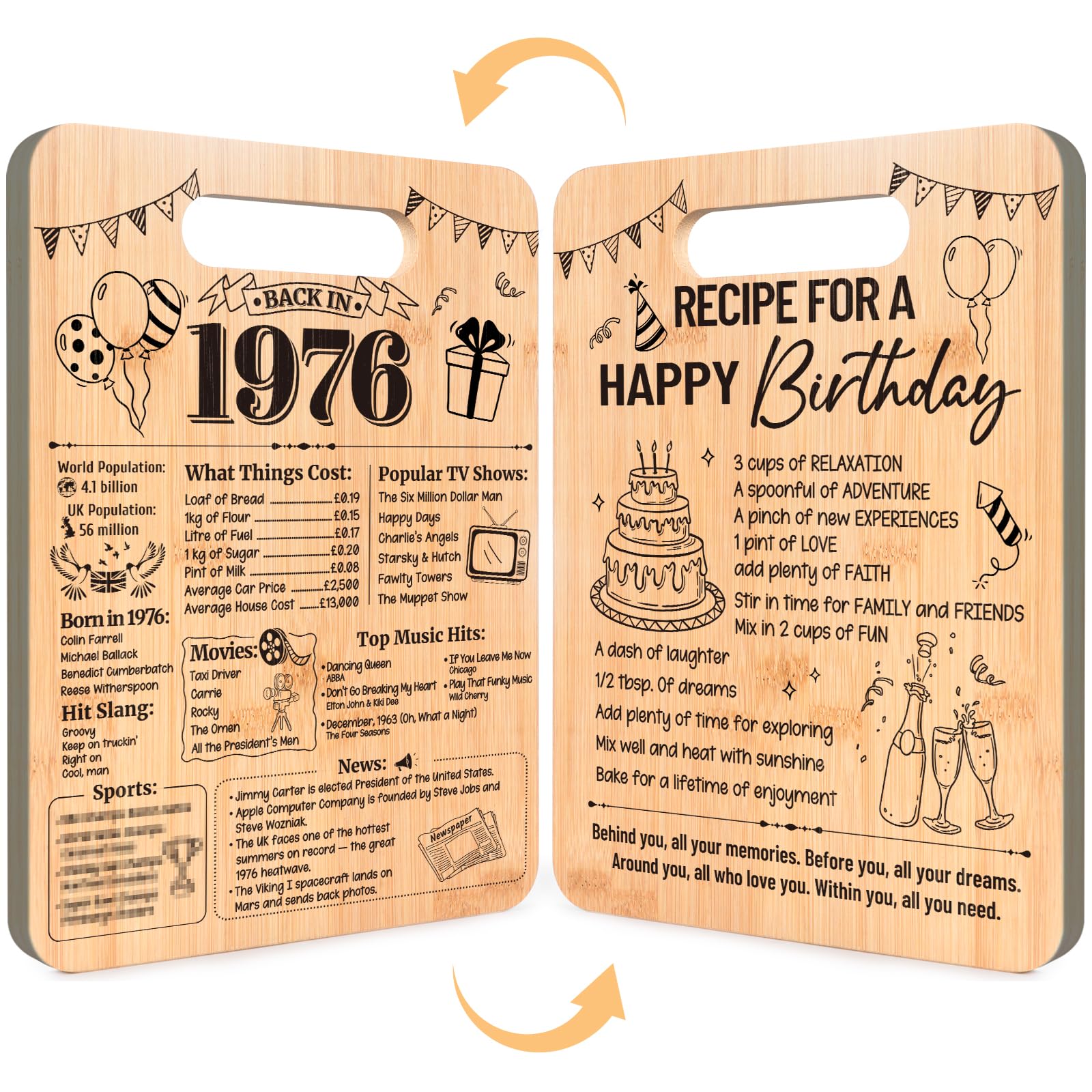 50th Birthday Gift for Women Men, Luvart 50 Year Old Birthday Gifts to Her Him, Back in 1976 Bamboo Cutting Board Double Sided, 50th Happy Birth Day Kitchen Present for Grandma Grandad Dad Mum