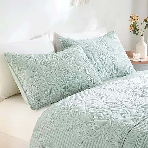 Miniatura 4 de beeweed Quilt Set Queen Size 3 Pieces, Lightweight Microfiber Flower Pattern Bedspreads for All Season, Mint Green Soft Summer Coverlet Set with