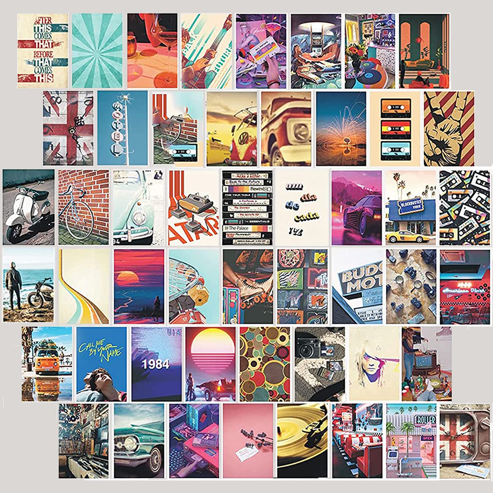 Fashionable 50 PCS of photo wall collage kit 4X6 inch Retro card, Room asthetic images for Girls and Boy Teens, Wall Art Prints for Room, Dorm Photo Display, Posters for Bedroom.
