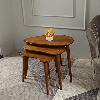 Solid Nesting Table Set of 3, Birch Mid Century Pebble Tables with Wood Tapered Legs, Portable Modern Side Coffee Tables, Handmade Home Furniture, Farmhouse, Living Room, Nightstand, Bean