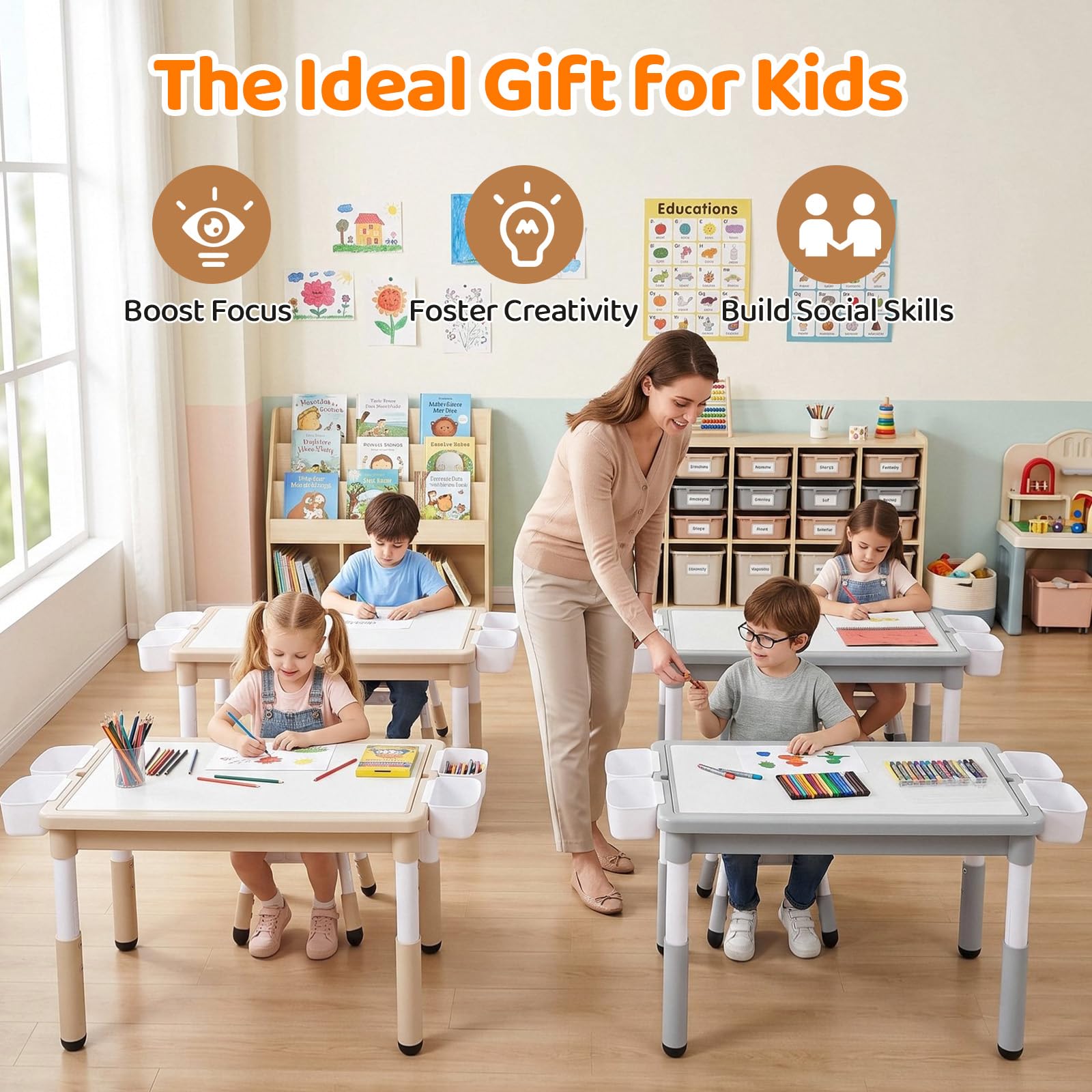 MAMIZO Kindertisch mit 2 Stühlen, kindertisch stauraum & Wendeplatte,Grau | Tisch Stuhl höhenverstellbar & 88 x 63cm Graffiti-Tischplatte & Baustein Tisch Stuhl Set ,Aktivitätstisch Kinderzimmer Schule