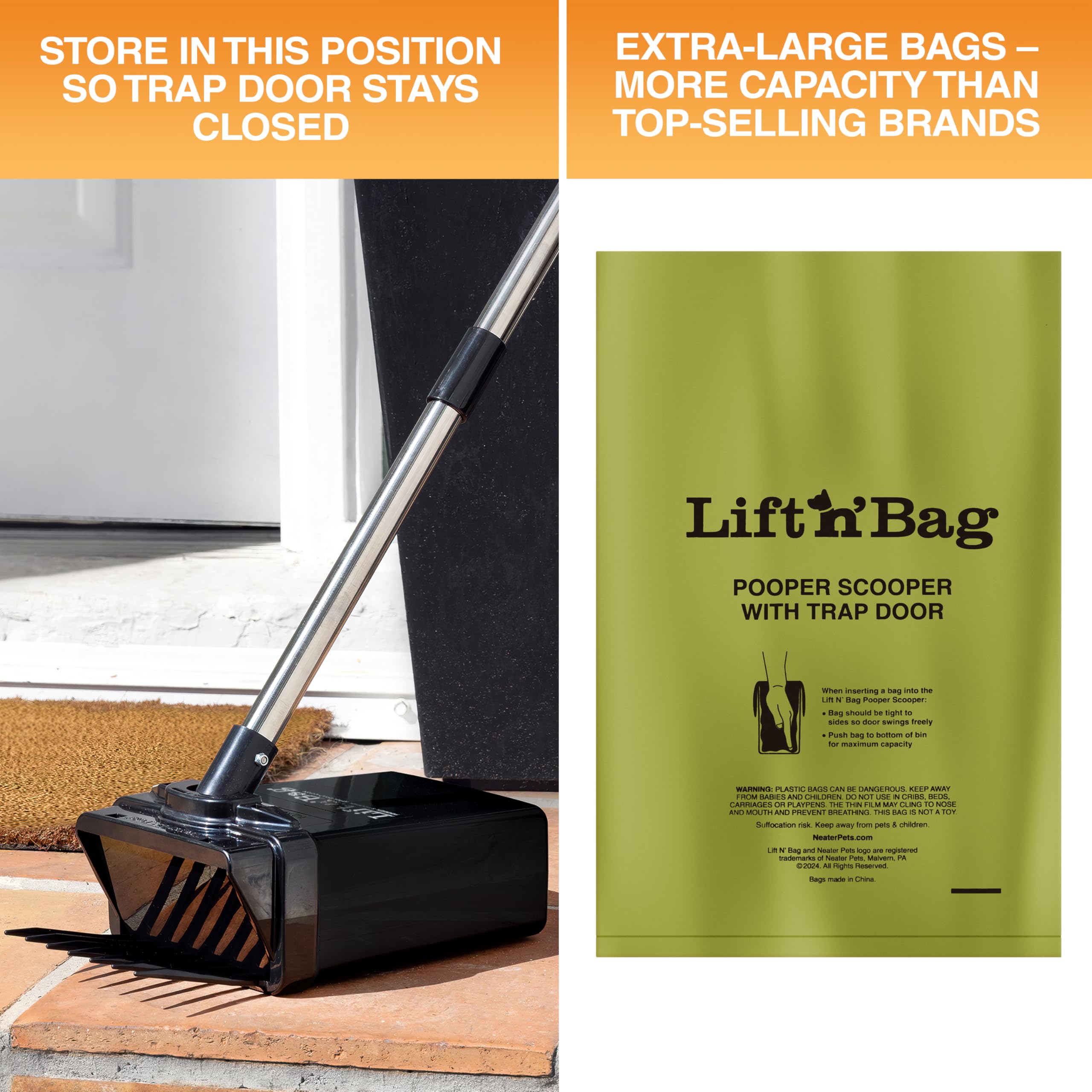 Neater Pet Brands Lift N' Bag 2.0 Pelle à déjections canines avec attache de sac et mât de 78,7 cm pour petits et grands chiens, nouveau manche plus long, 15 sacs de recharge, pelle à déjections