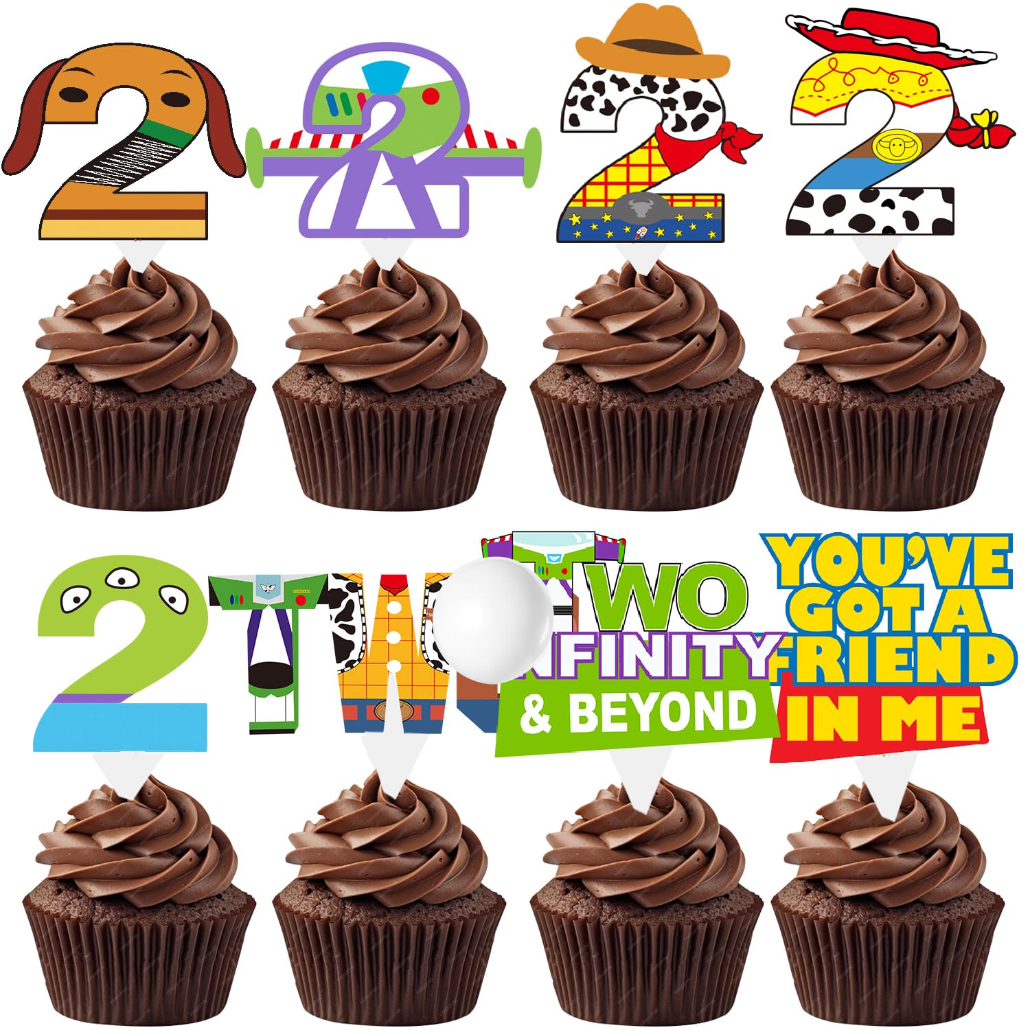 Cartoon Story 2nd Birthday Decorations 40ps Blue Sky and White Cloud Cow Birthday Cupcake Toppers for Boys Girls 2nd Bday Cartoon Story Party Supples