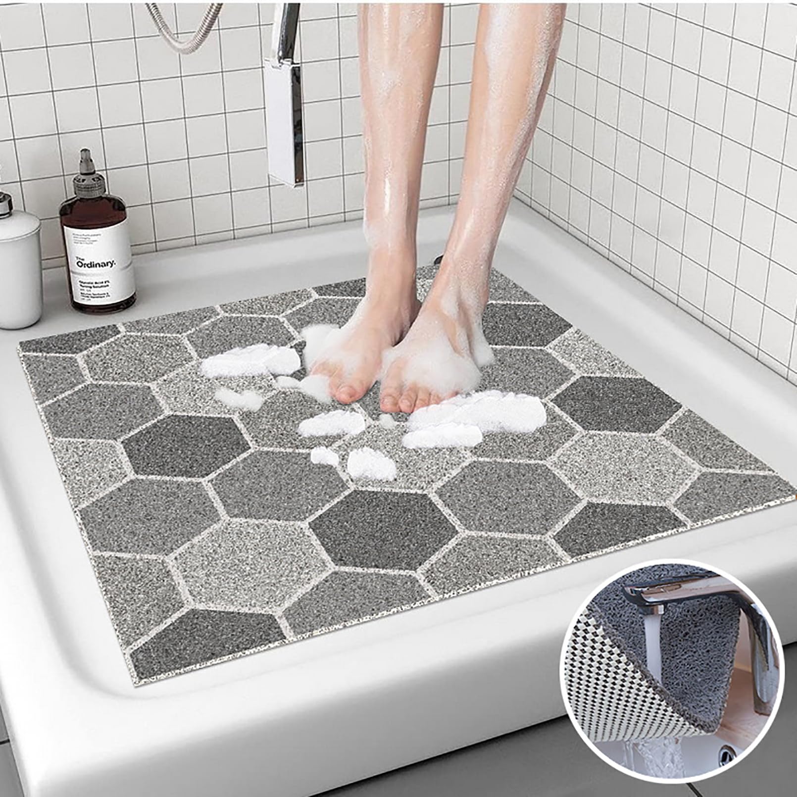 Alfombra Ducha Antideslizante 100x100 cm de Luffa con Drenaje Alfombrilla Ducha Antideslizante PVC Suave y cómodo Alfombra Antideslizante bañera Alta Permeabilidad al Agua