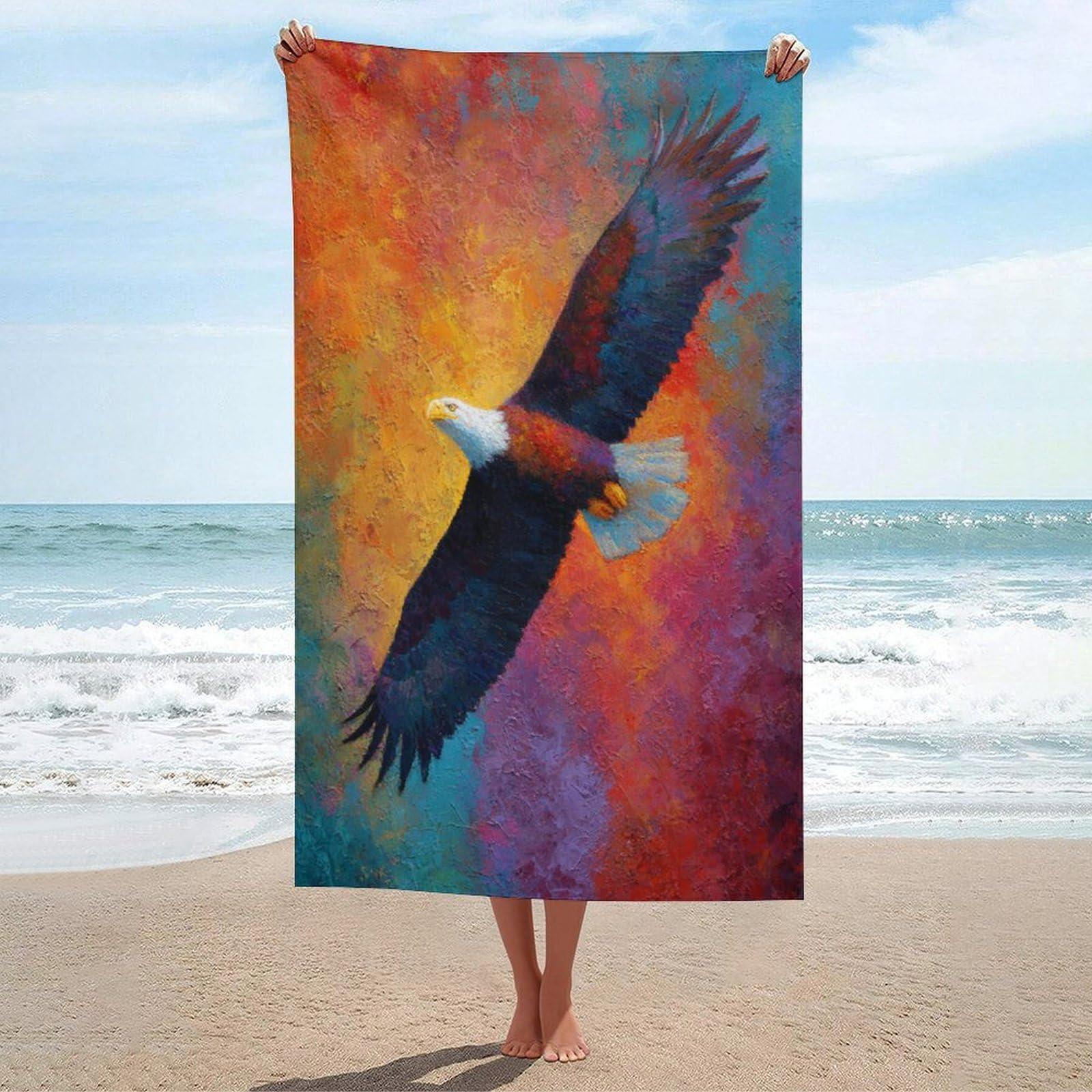 LSRCPD Colorful Bald Eagle in Flight Beach Towel Sand Free Microfiber Large Shower Towels Multipurpose Absorbent for Bathroom Pool 130x80 CM