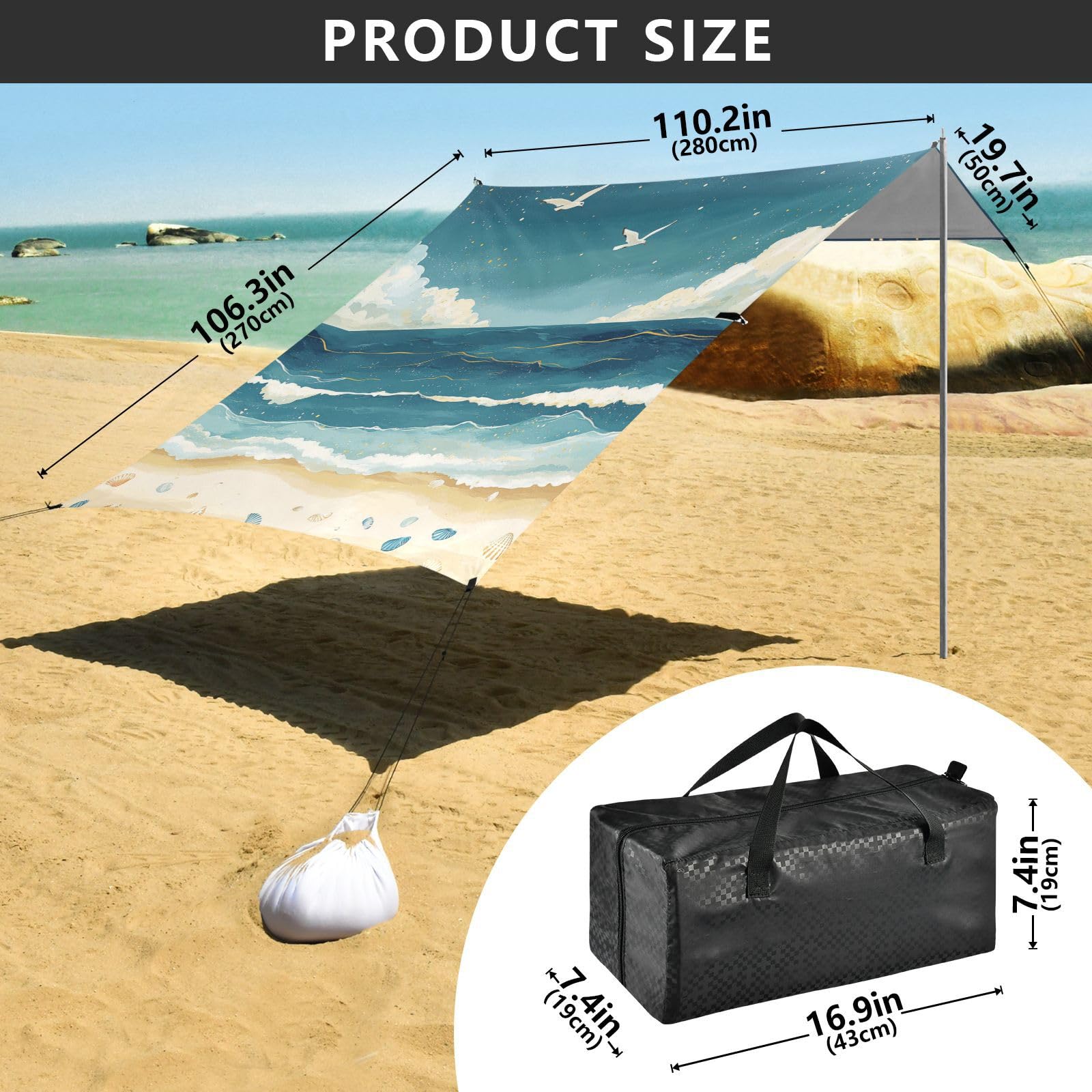Pare-soleil portable étanche UPF50+ avec sacs de sable et pelle pour camping, pique-nique, jardin