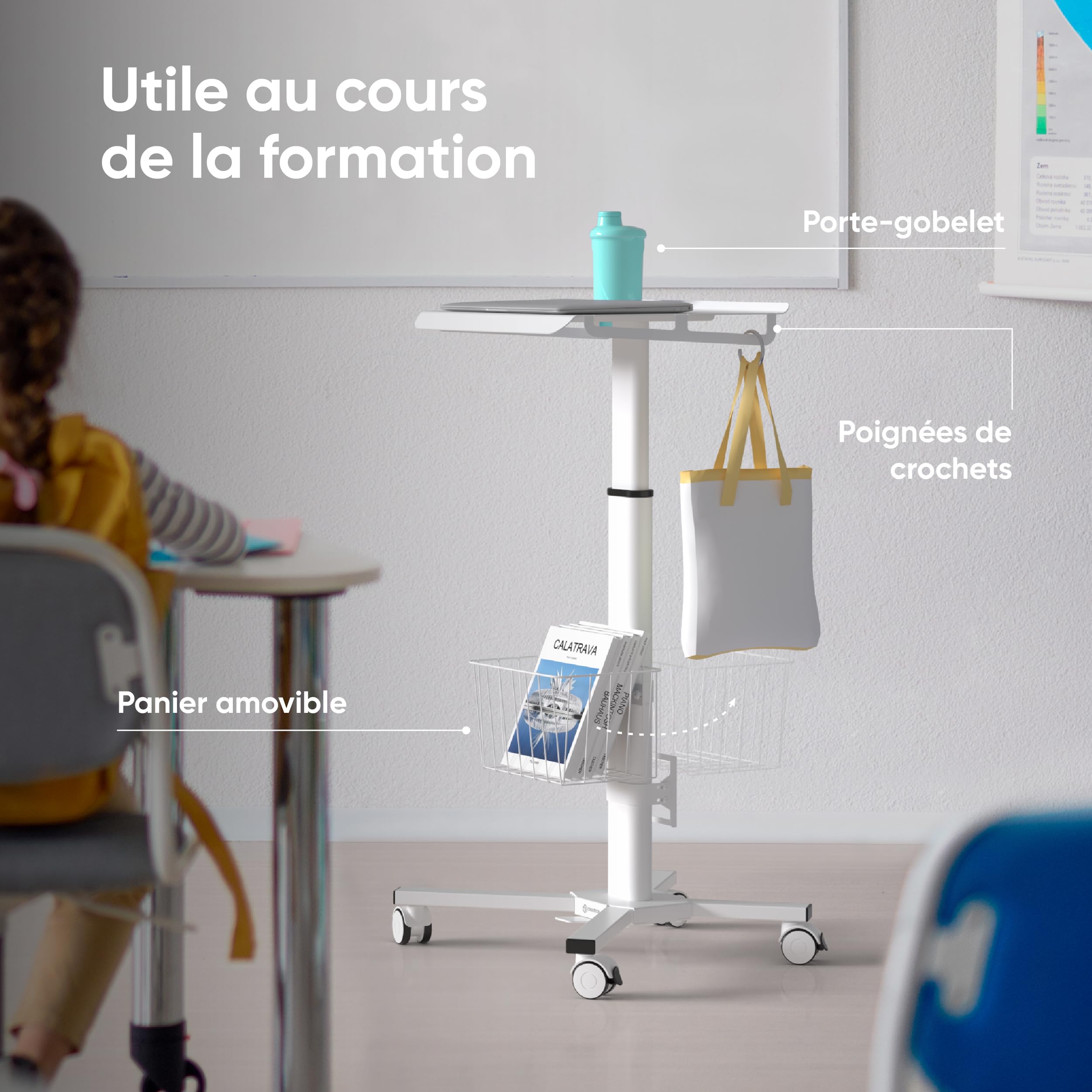 ONKRON Petit Bureau roulettes Charge Optimale 8 kg, Table Roulante pour Lit Medicale, Poste de Travail Réglable en Hauteur, Table Ordinateur Portable, Bureau Petit Espace avec Rangement Blanc LMG30-W