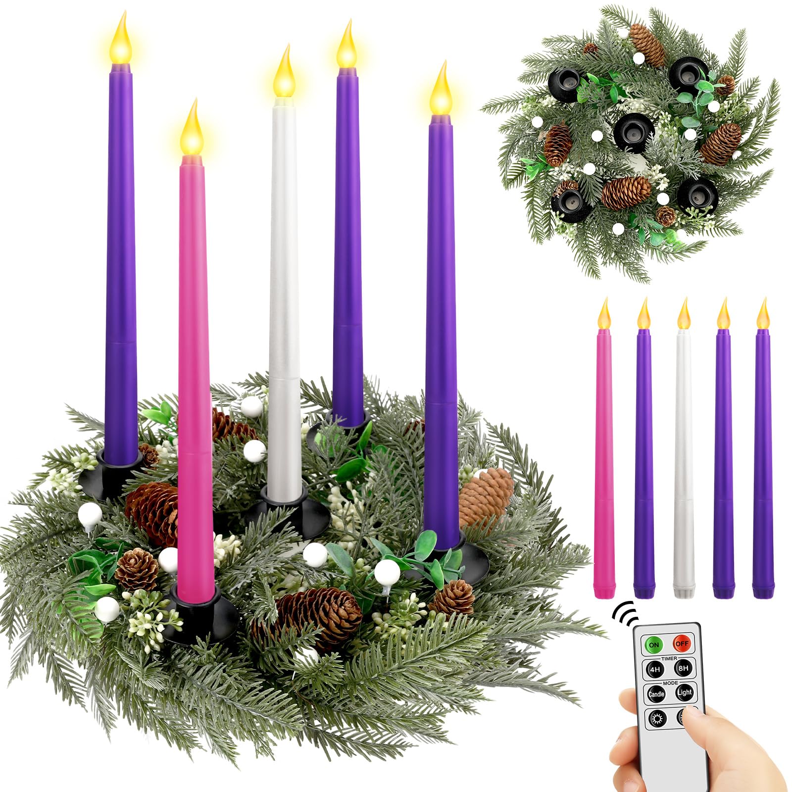 Kenburg Christmas Advent Wreath 5 Pillar Candle Holder, 12 Inch Ring Fire Retardant Centerpiece Decoration For Nativity Rustic Indoor Home Church