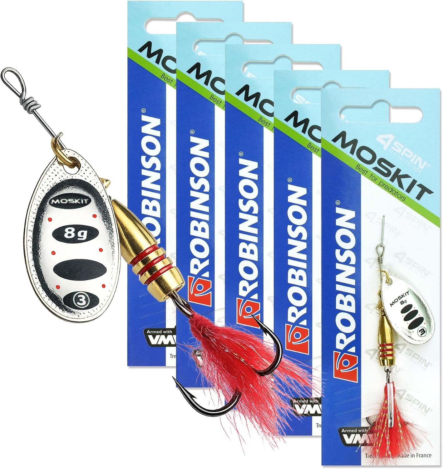 ROBINSON Spinner Fishing Lure Set of 5 with Intense Vibrations & Wide Spinner Blade - VMC Treble Hook & Stimulation Line - Artificial Bait for Pike Perch & Trout