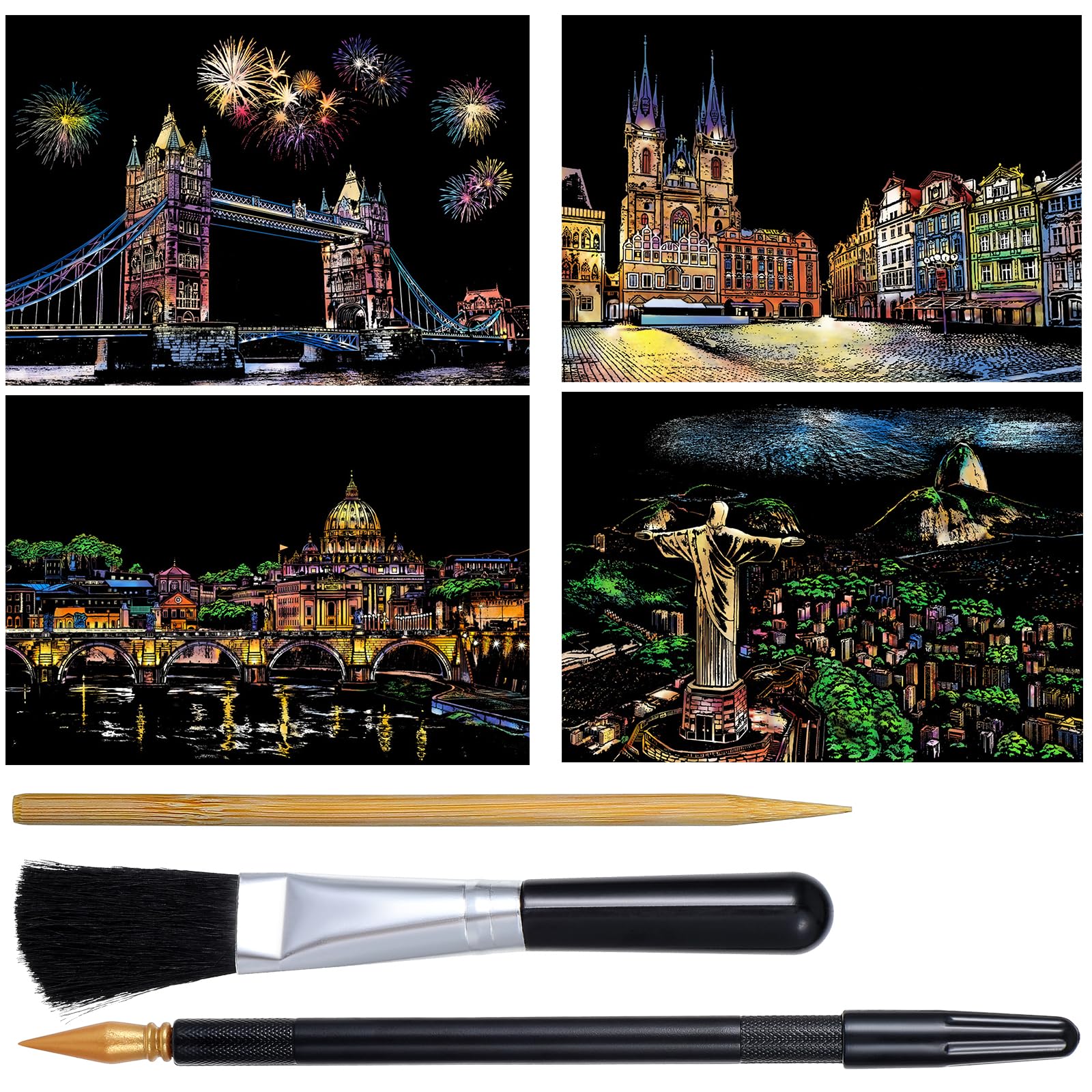 Yolev 4 Sheets Scratch Art Painting Rainbow Paper Sketch Pads, DIY Craft Kit with 6 Tools, City Series Night View, Scratch Art for Adults and Kids (Beautiful City)