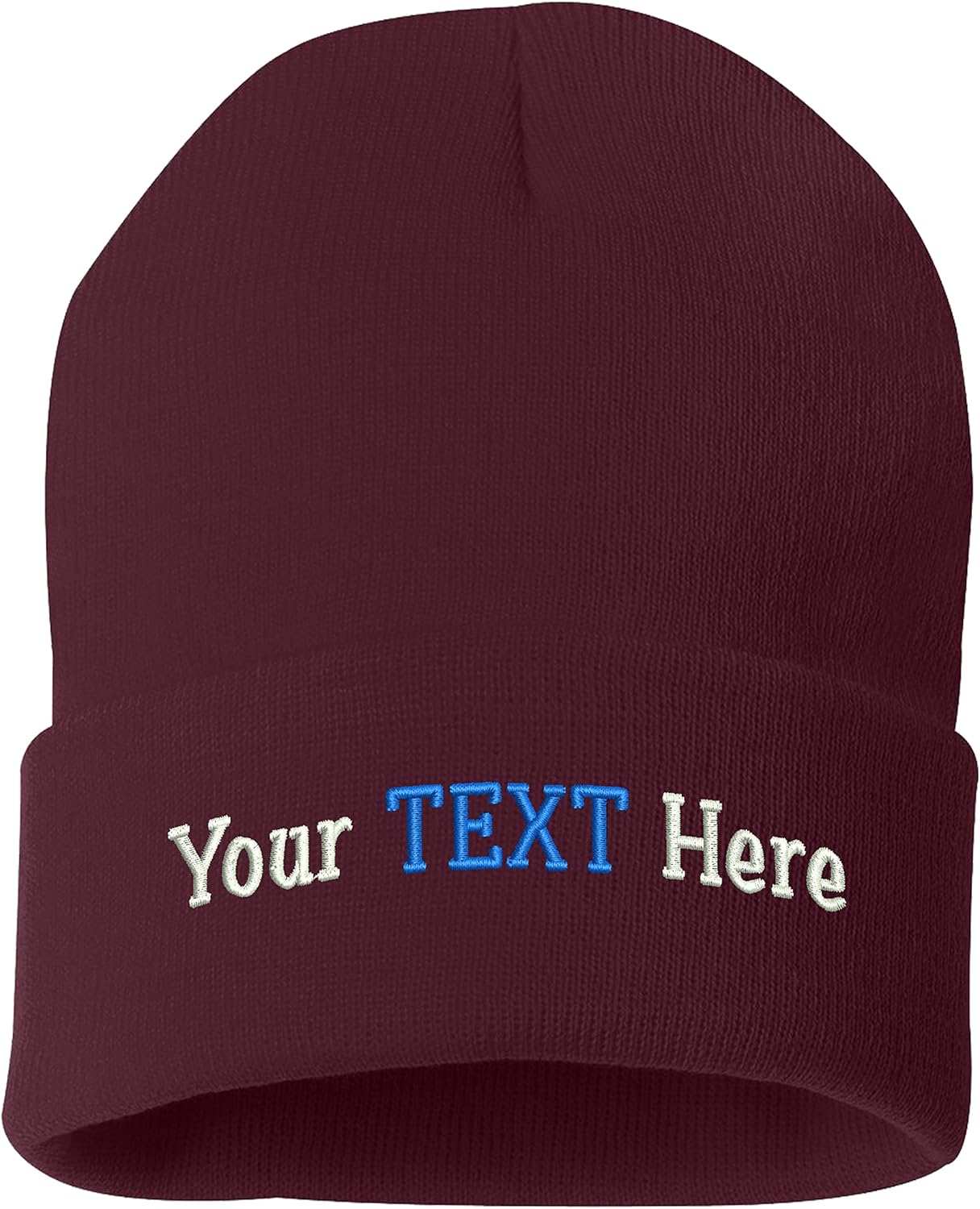 Peerless Beanie Hat with Custom Text Embroidered Your Text Here One Size SP12 (Maroon Knit W/Text, 6)