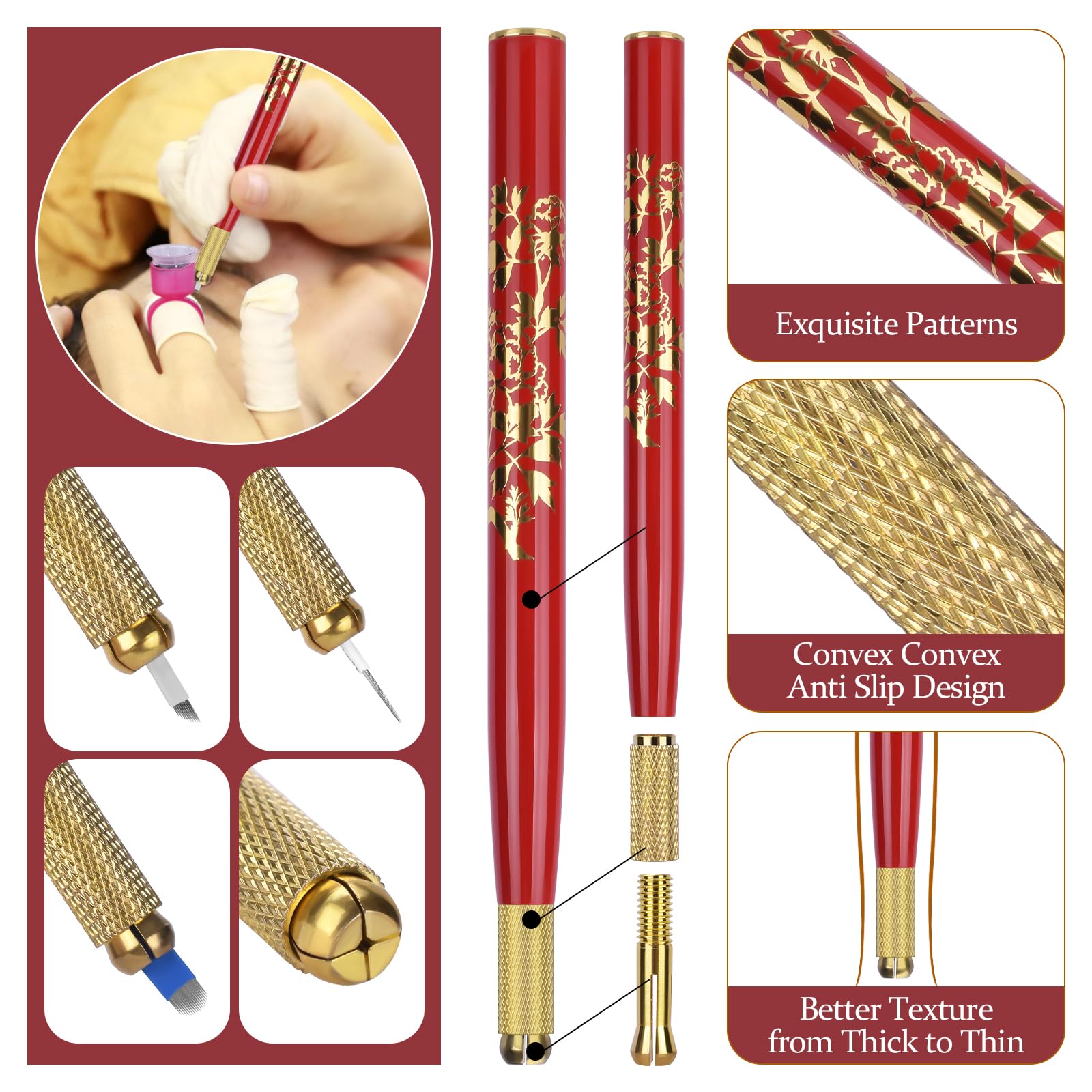 ATOMUS Flower Microblading Pen Kit Red Tattoo Eyebrow Manual Pen 1set Mark Pen 10pcs 18U/9PIN/3RL Eyebrow Microblades 10pcs Pigment Holder with Sponge - Image 3