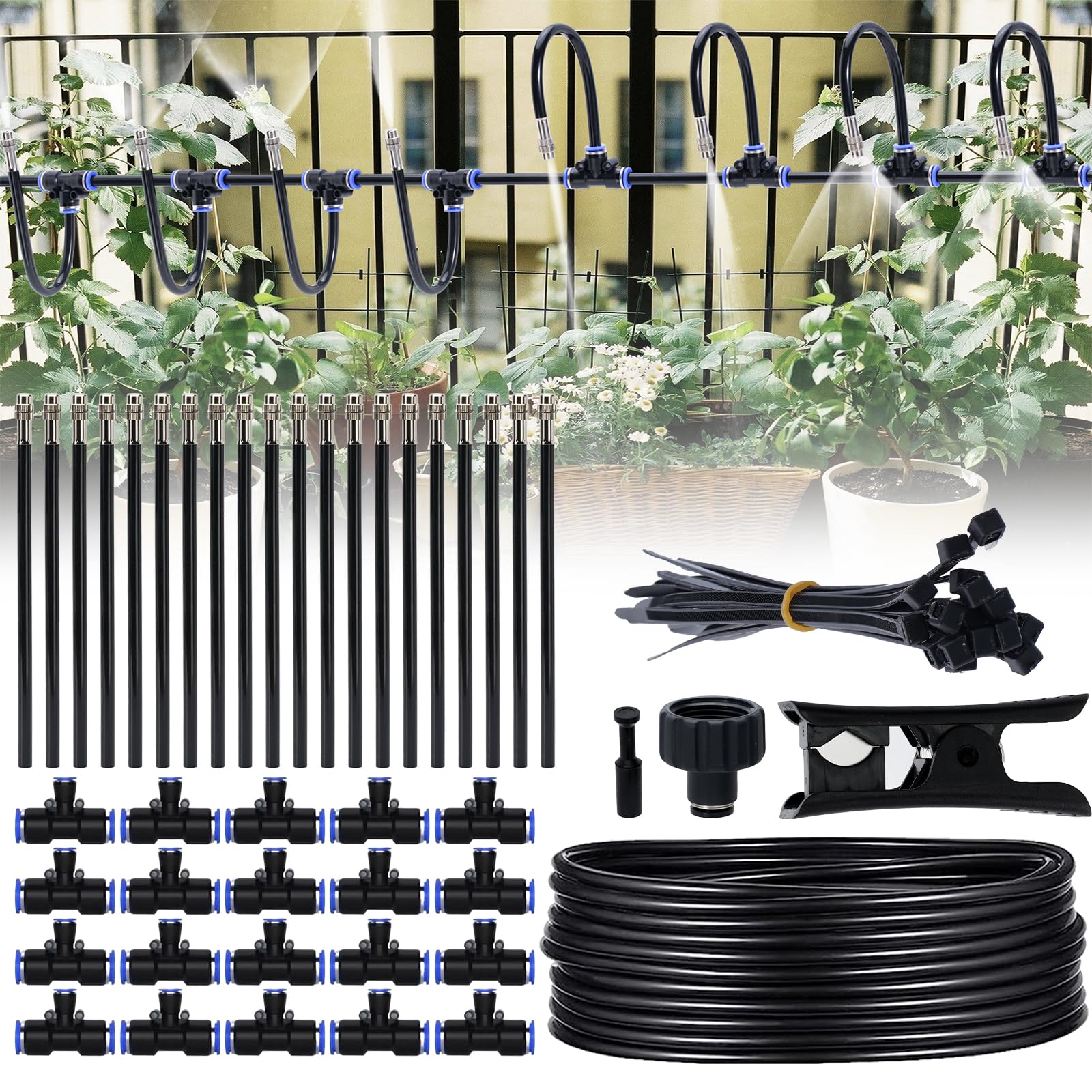 Sistema de riego por nebulización, 20 metros de extensión de la niebla, 20 boquillas direccionales de latón, adaptador de 3/4", para riego de césped de granja, para jardín de terraza