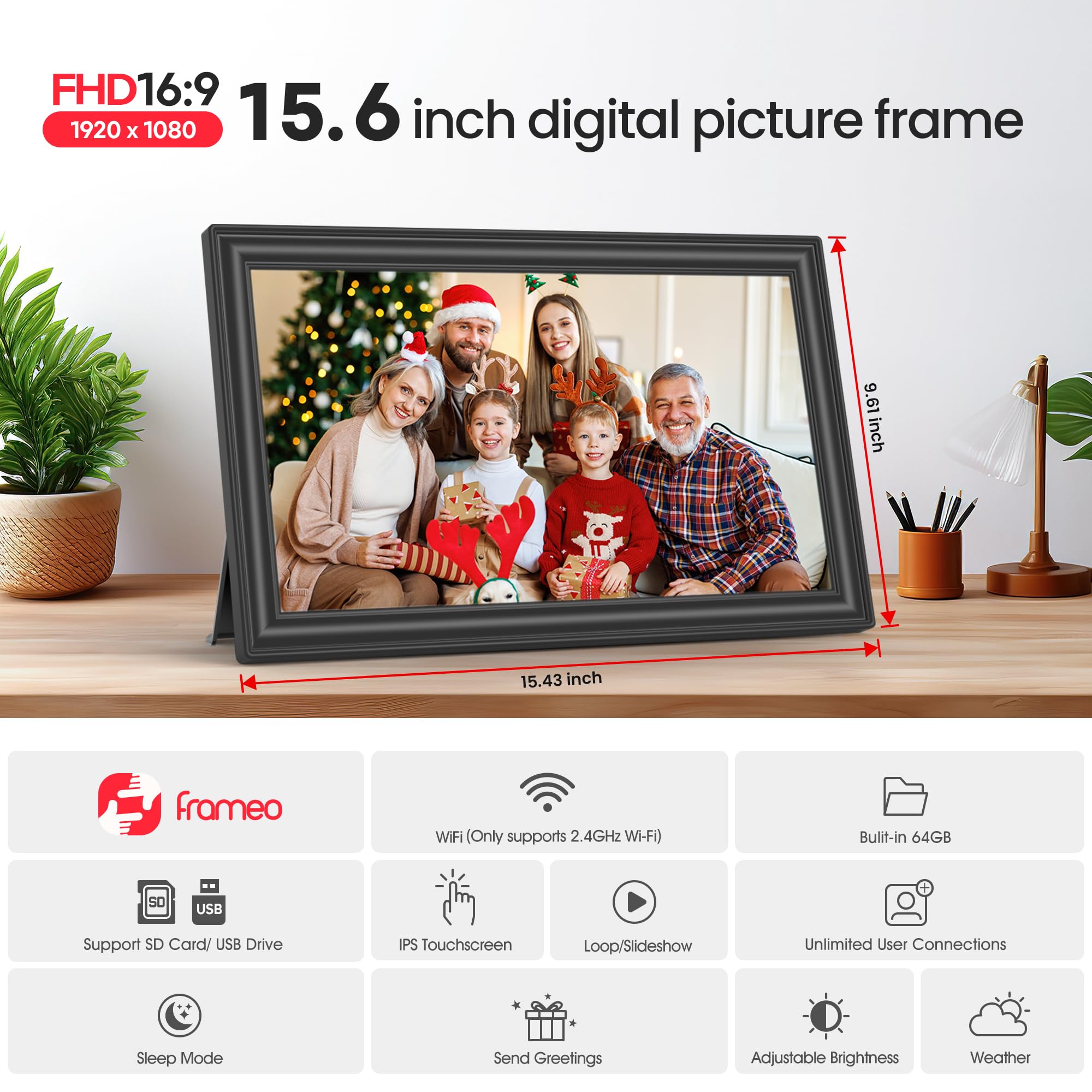 64GB 15.6" Frameo Digital Picture Frame WiFi, Large Electronic Photo Frames 1920 x 1080 IPS FHD Touch Screen, Send Photos from Your Phone from Anywhere, Best Gifts for Parents and Grandparents