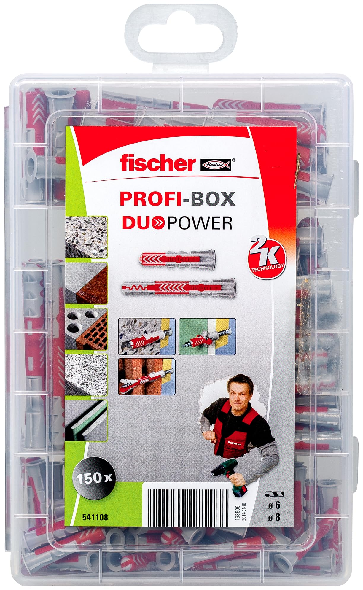 fischer 541108 PROFIbox DUOPOWER Taco Assortment Box, red and Grey, Sin tornillo