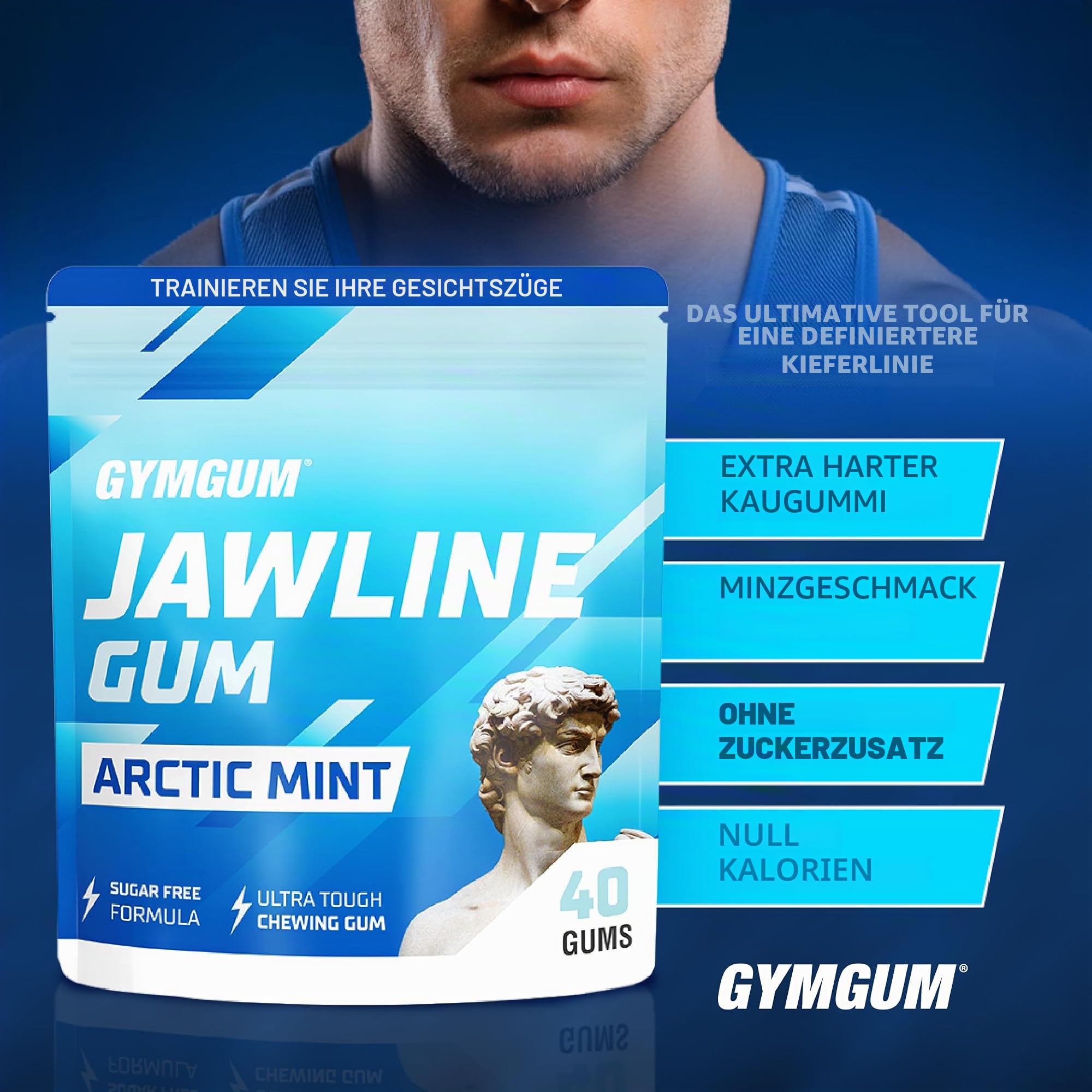 GYMGUM Kiefergummi | Hartes Kaugummi für Kieferstärke | Trainieren Sie Ihre Gesichtszüge – Mewing Kiefergummi | Ultimativer Kiefertrainer | 0 Kalorien & zuckerfreies Hartgummi (120 Stück, Arctic Mint)