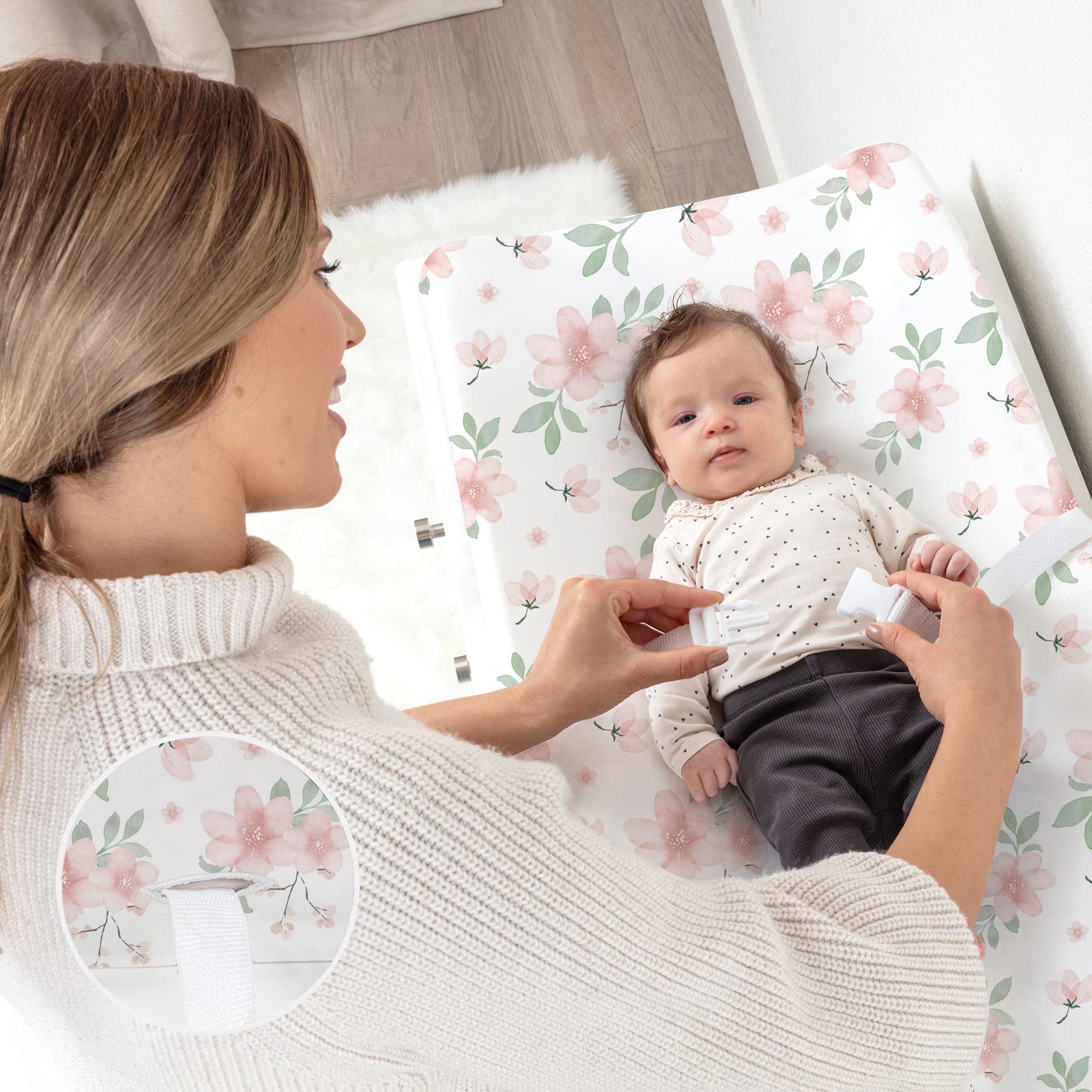 BROLEX - Juego de sábanas elásticas para cambiador, para bebés, niños y niñas, paquete de 2 unidades, punto de jersey, flor rosa