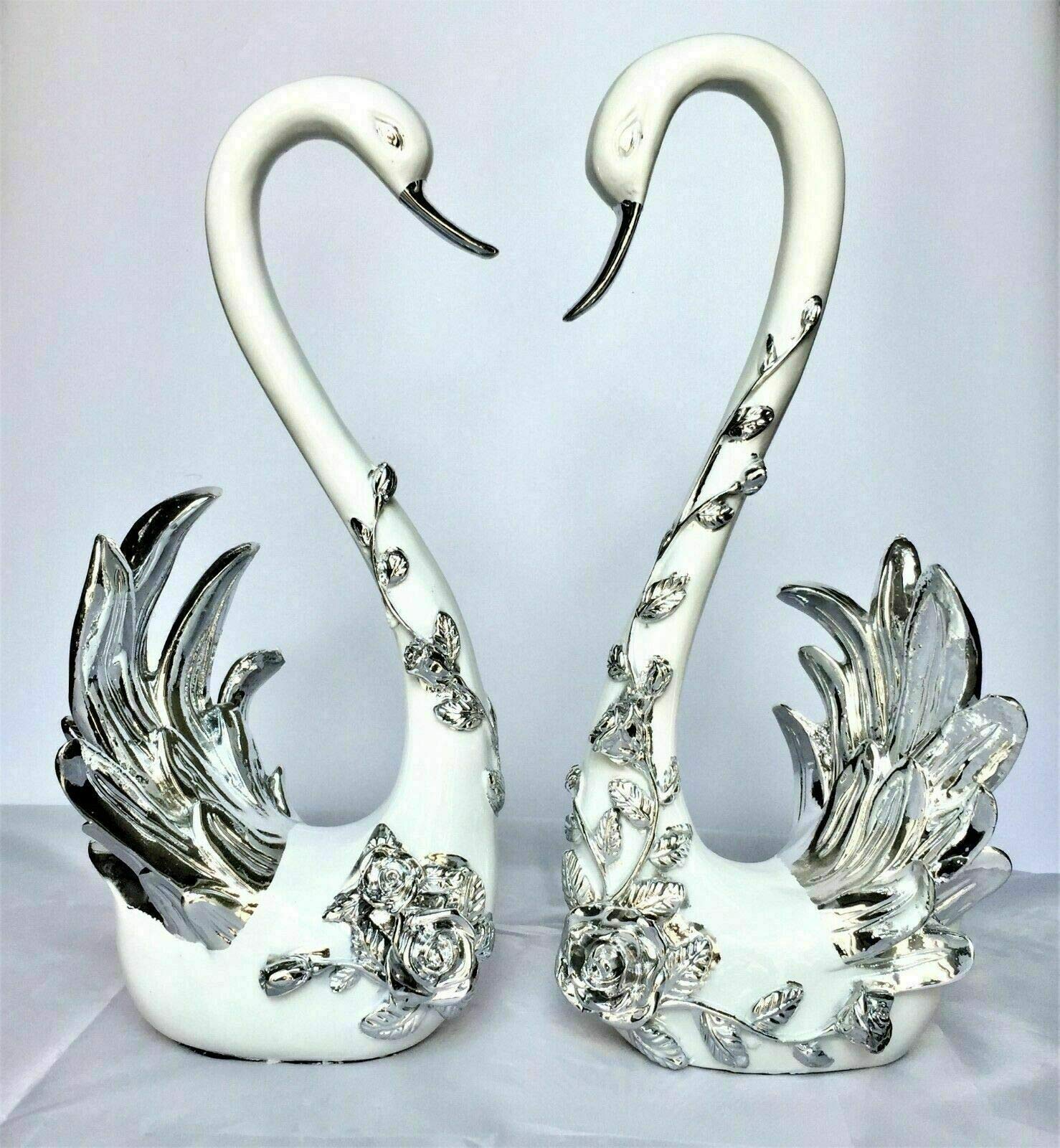 Touch of Vogue® Pair White and Silver Swan figurine shelf sitter, ornament romany Pair
