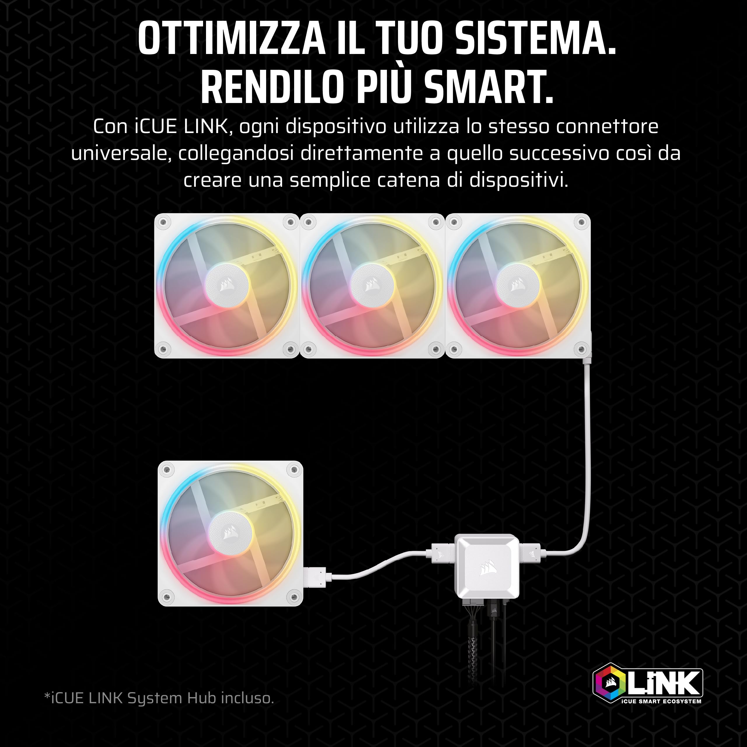 CORSAIR iCUE LINK LX120-R RGB 120mm Ventole PWM Invertite – Kit Tripla Ventola – Basso Rumore, CORSAIR Cuscinetto Magnetico a Cupola, Doppio Anello Luminoso, Viti QuikTurn™, Modalità Zero RPM – Bianco