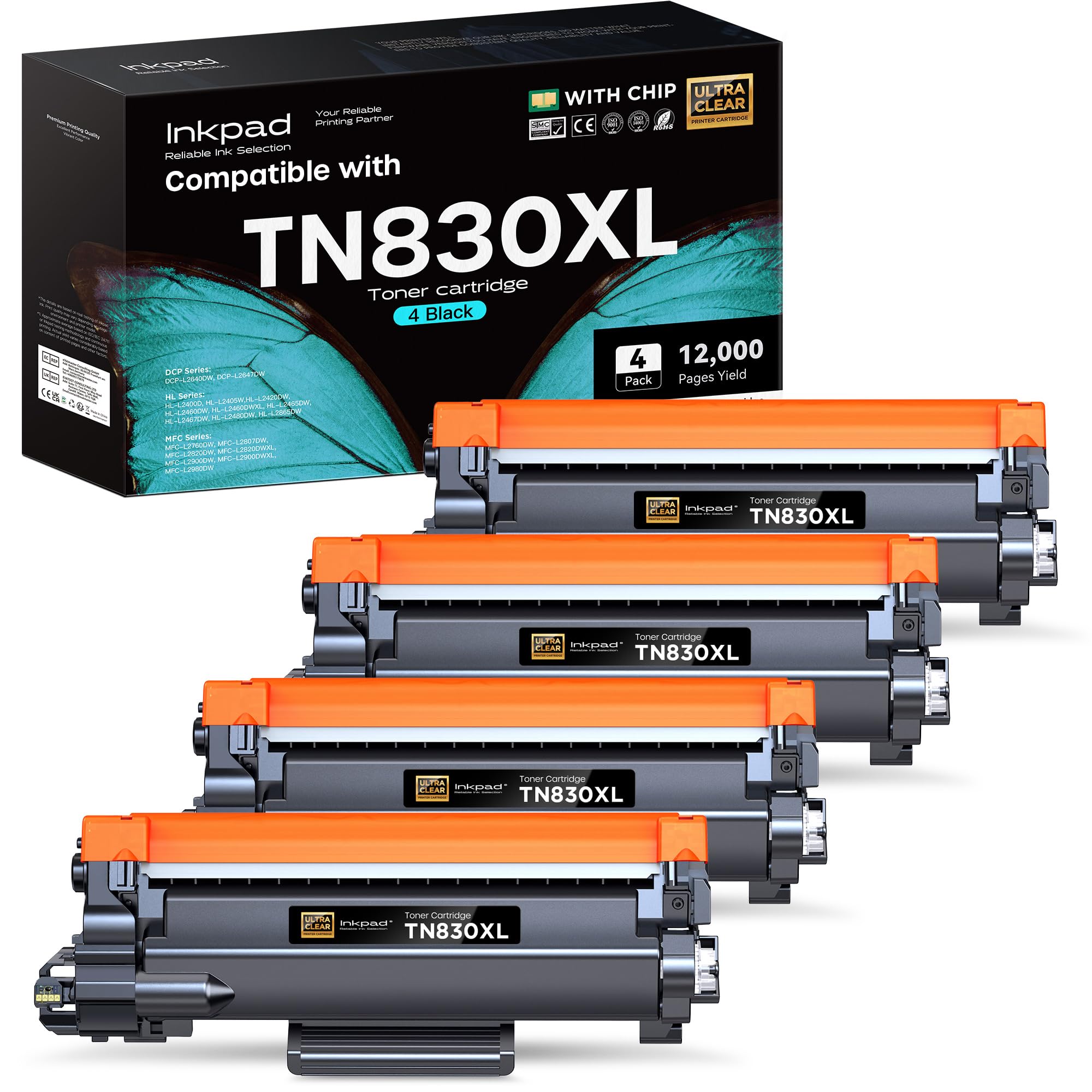 Compatible TN830XL Toner Cartridges Replacement for Brother TN830XL TN-830 TN830 XL/V/R Toner Cartridge with HL-L2460DW DCP-L2640DW HL-L2400D HL-L2405W HL-L2460DWXL Printer (4 Pack,Black)