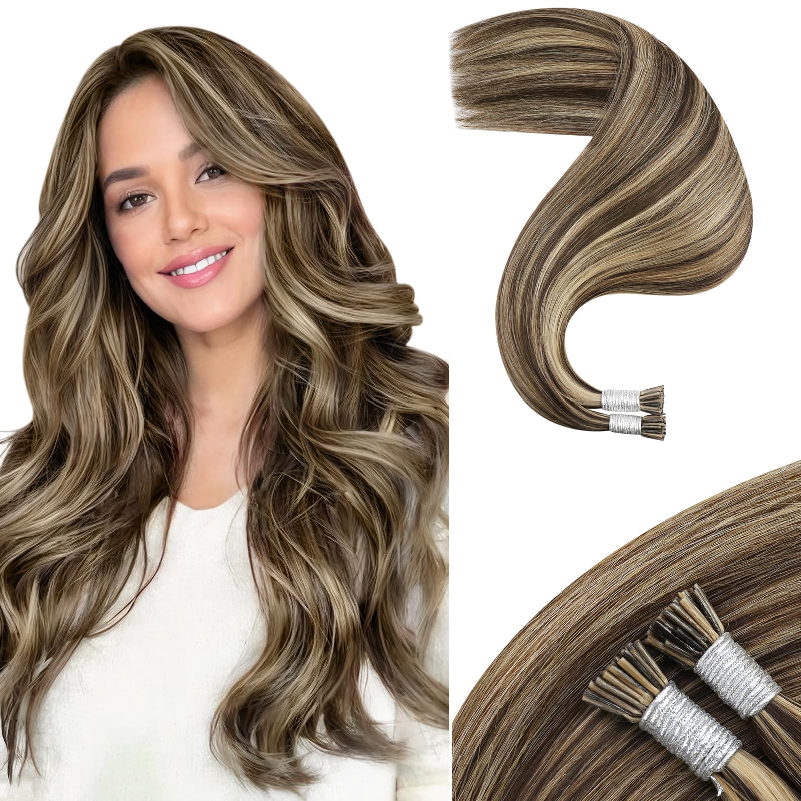Moresoo I Tip Hair Extensions Human Hair Brown Itip Extensions Human Hair Highlight Dark Brown with Caramel Blonde I Tips Human Hair Extensions Strawberry Blonde for Wedding 20 inch 50S/40G