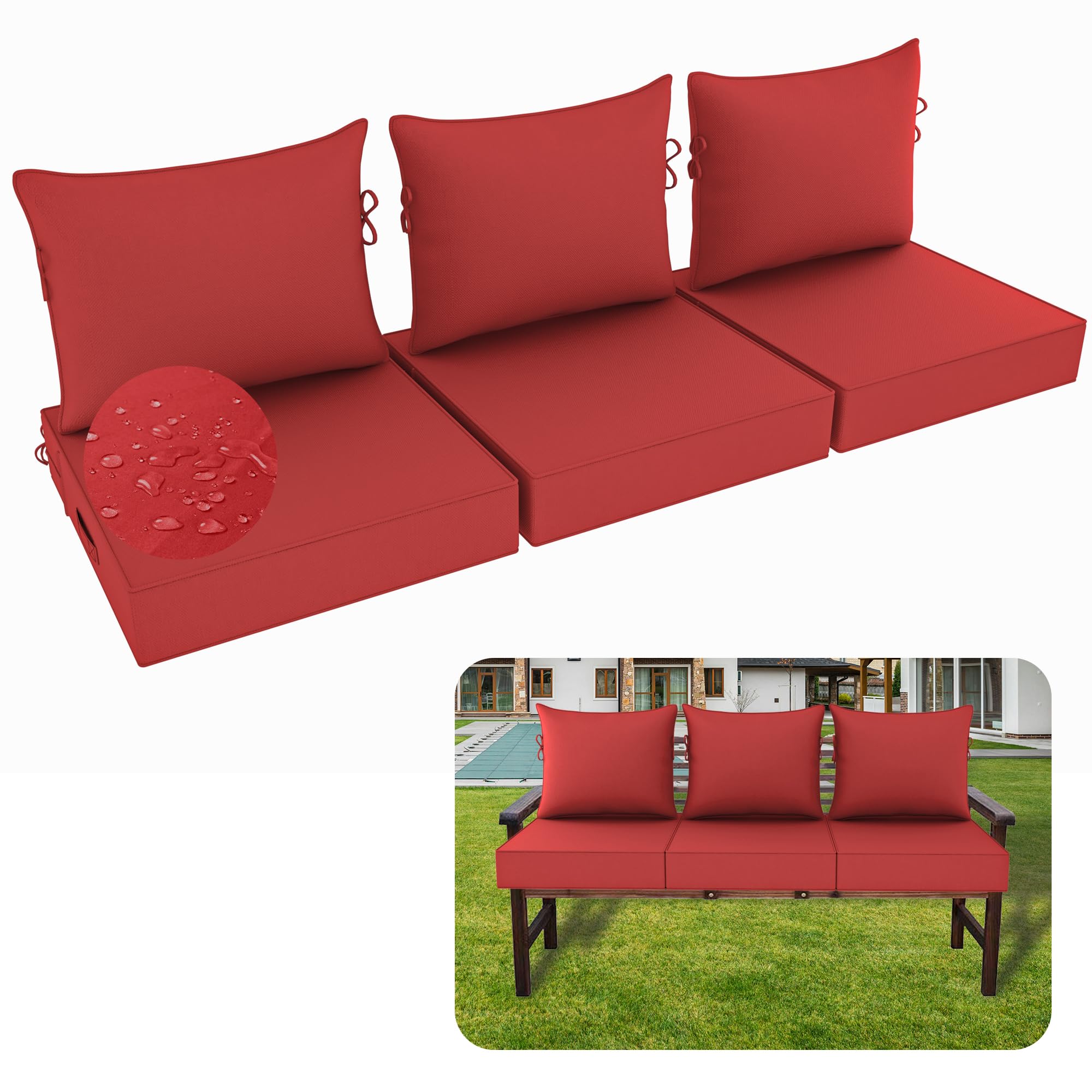 PZDJUMO Outdoor Chair Cushion, 24 x 24 Inch Waterproof Deep Seat Patio Cushions Set of 3, Loveseat Cushions for Outdoor Furniture, 5'' Thick Patio