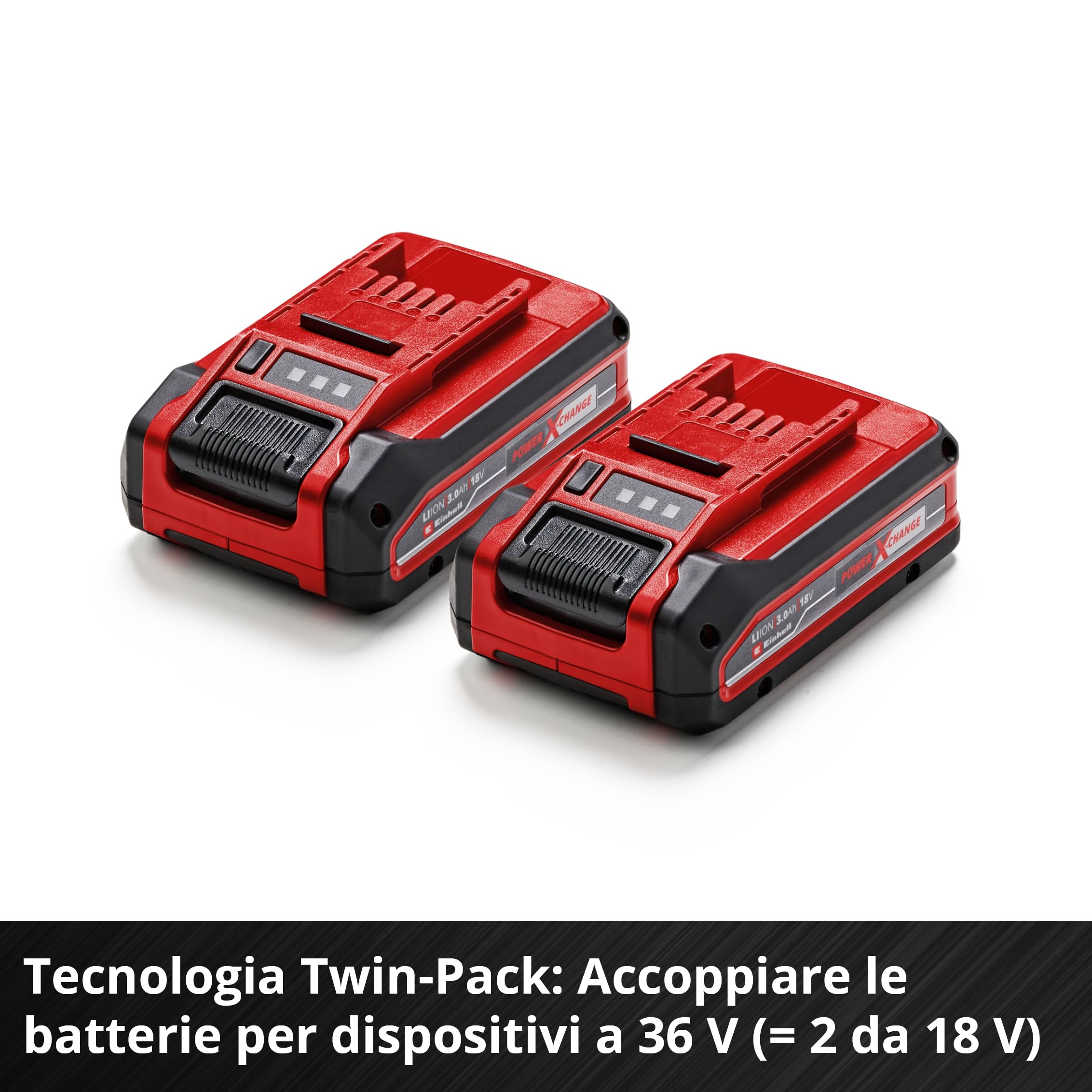 Original Einhell Batteria Power X-Change PLUS da 3 Ah (18 V, ioni di litio, universale per tutti i Power X-Change, spia livello di carica, Twin-Pack, incluse 2 batterie 3 Ah, caricabatterie escluso) | 2 batterie in set | 900 W | PXC | Li-Ion | Tecnologia