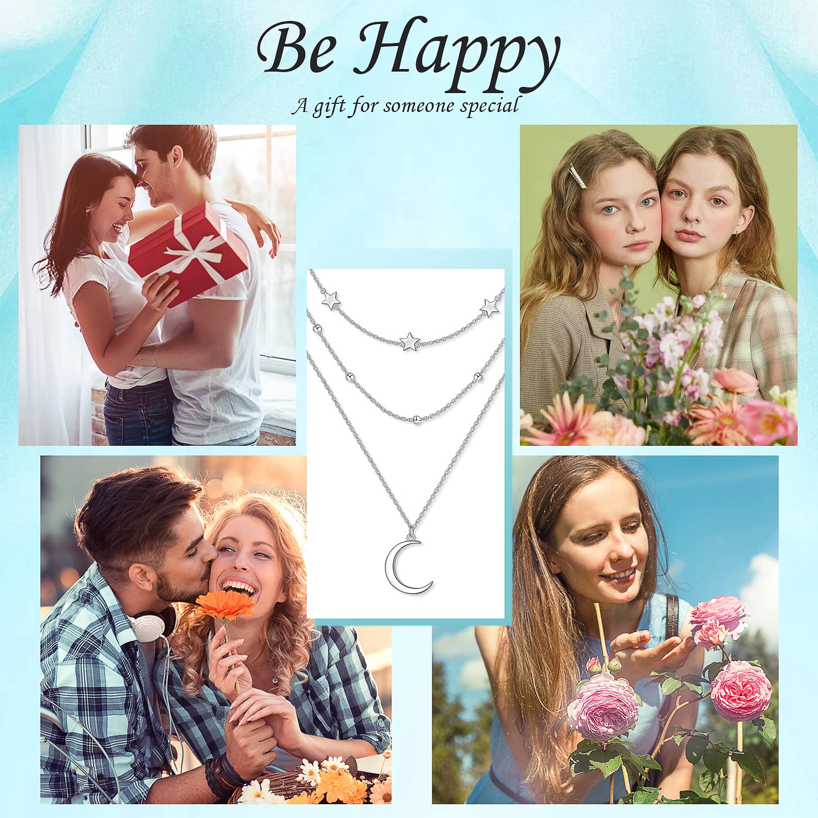 Collares de plata de ley 925 en capas, sol y luna, estrella, mal de ojo, círculo, barra, collar multicapa de triple cadena larga, colgante de clavícula en Y para mujer
