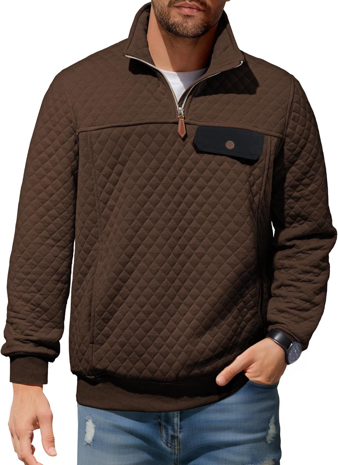 JMIERR Men's Quilted Sweatshirt Casual Long Sleeve Outdoor Stand Collar Quarter-Zip Pullover Sweatshirts