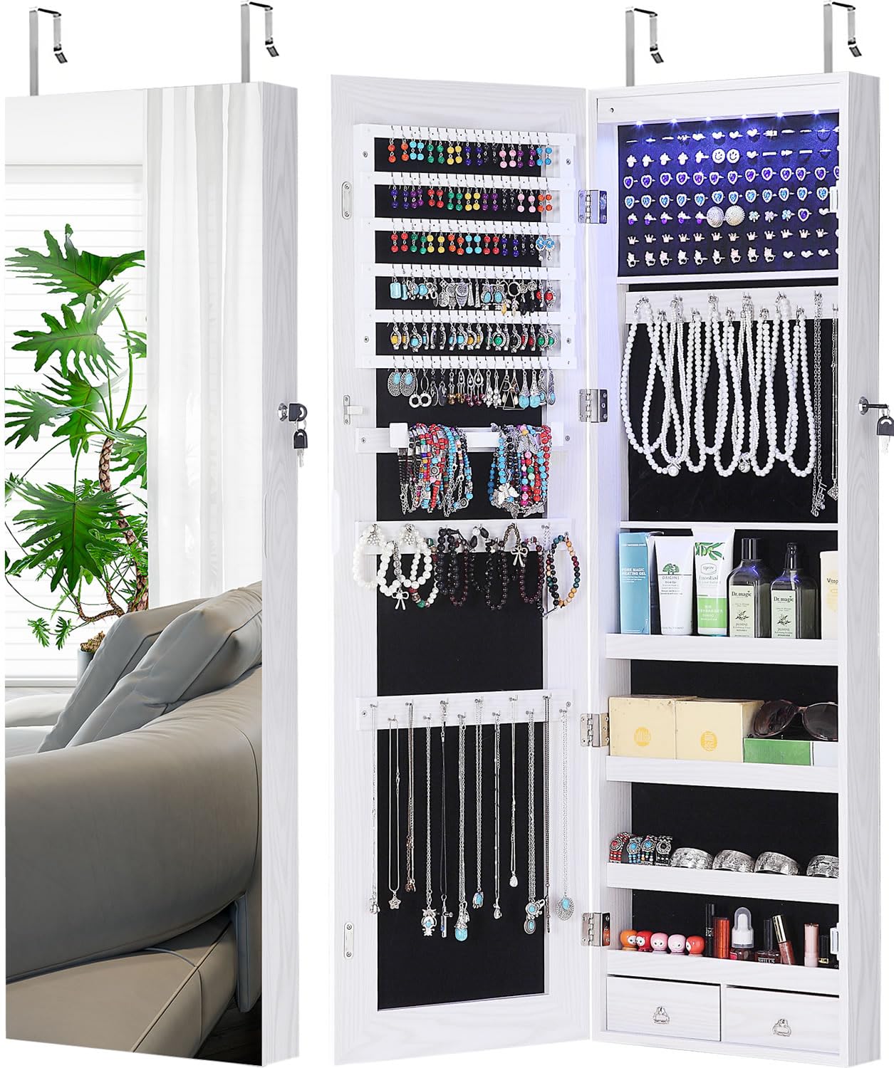 GISSAR Full Length Mirror Jewelry Cabinet, 6 LEDs Jewelry Armoire Wall Mounted Over The Door Hanging, Jewelry Organizer Storage with Lights Lockable White
