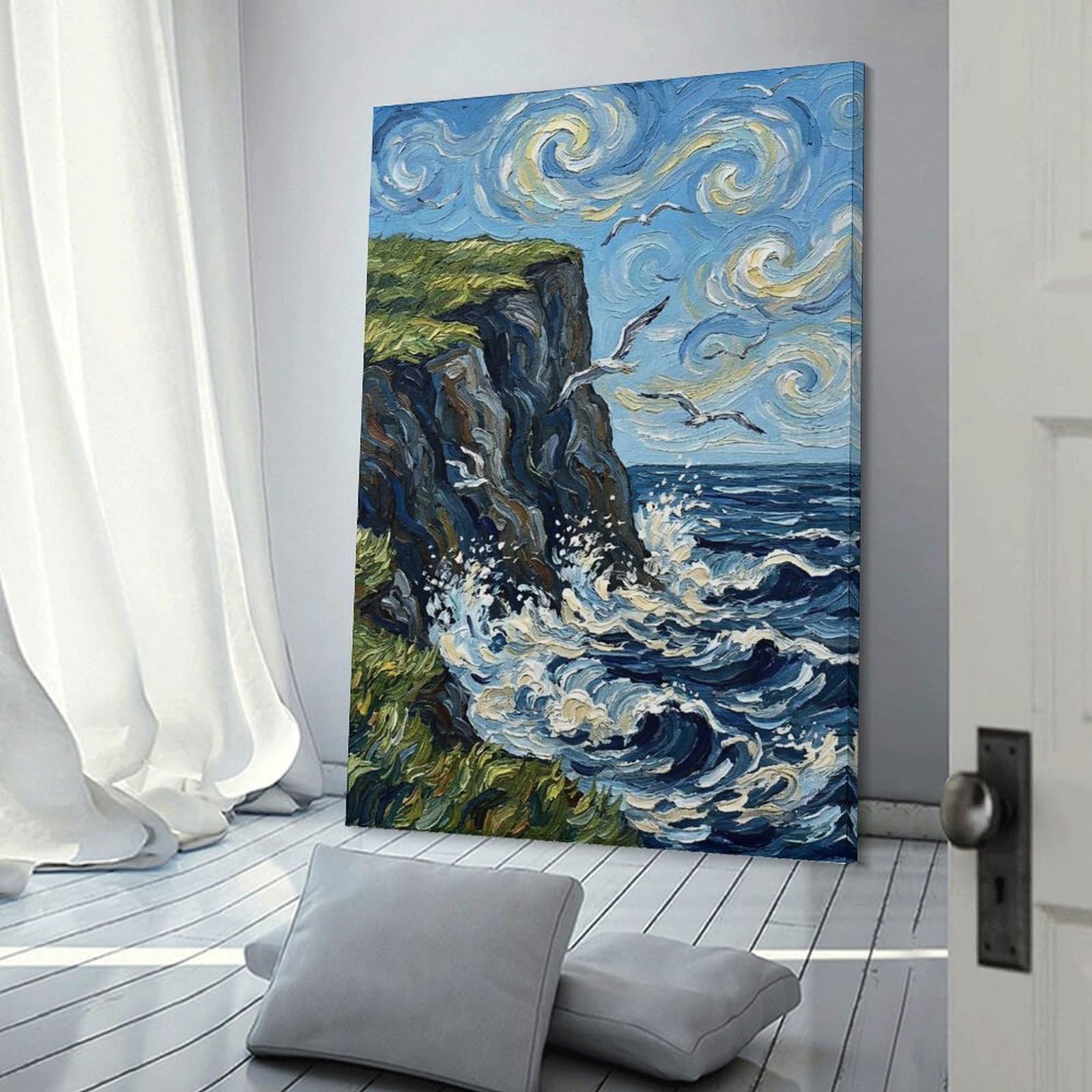 Junmoney Coastal Cliff with Seagulls Painting Hanging Wall Art 20x30inch(50x75cm), for Front Hall, Corridor Or Welcome Spaces, Wall Decor to Refresh Empty Corners