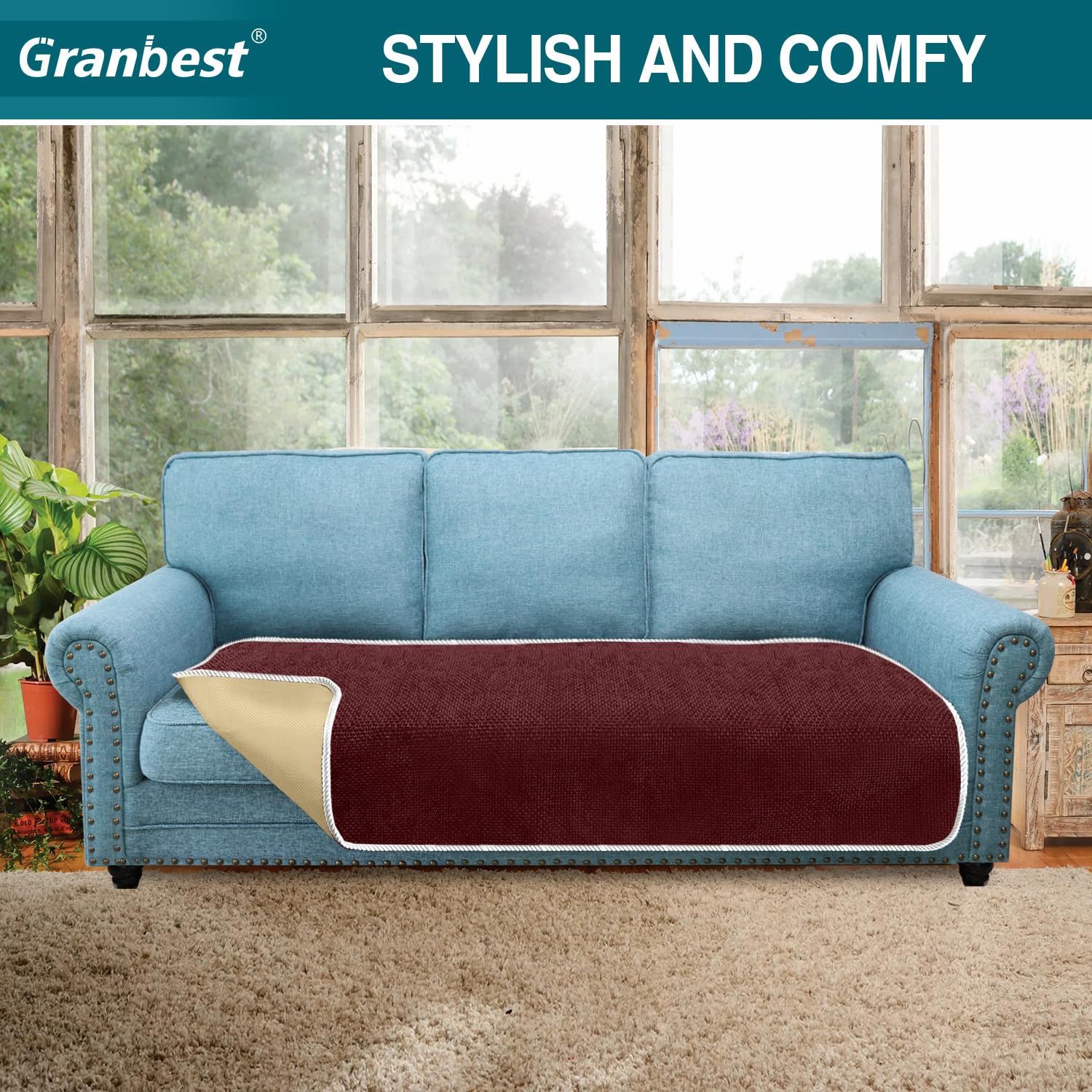 Granbest Non-Slip Sofa Seat Covers 3 Seater Thick Sofa Cover Sofa Protectors from Pets Universal for All Seasons (3 Seater, Wine Red) - Image 2