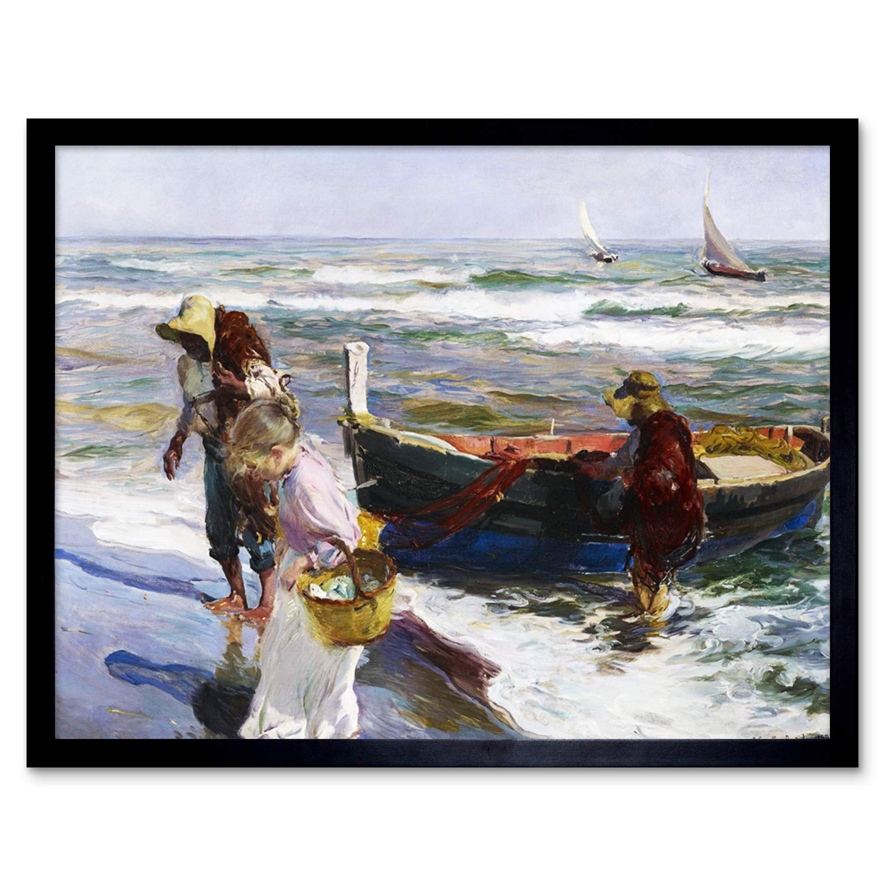 Artery8 Framed Black 12X16 Sorolla Arrival Of Fishing Boats Painting Art Print Framed Poster Wall Decor 12X16 Inch