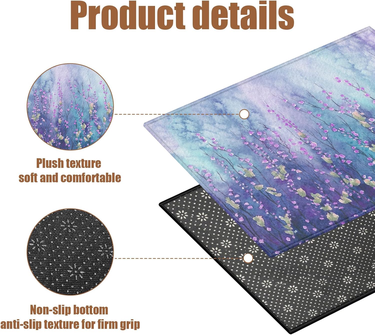 Purple Florals Bath Mat,Watercolor Bathroom Rug,Shower Mats for Bathtub Shower Room Sinks,Non-Slip Floor Mats Soft Doormats for Home Decor 17x30 Inch