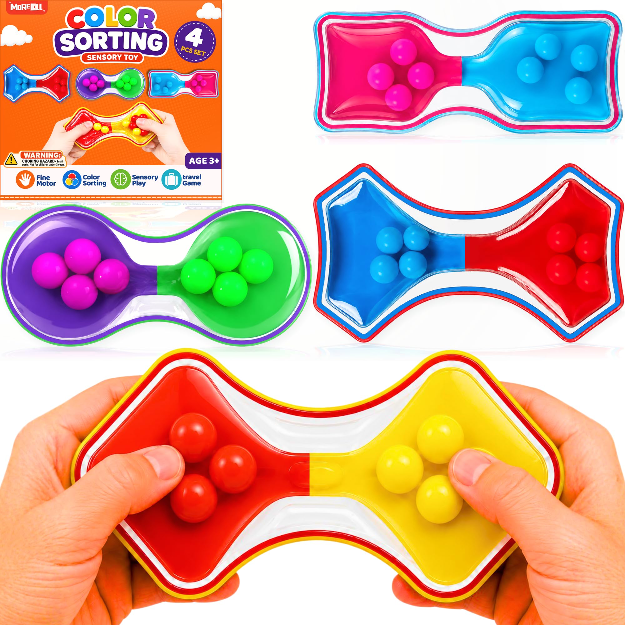 MORECOLL Sensory Fidget Toys for Toddlers & Kids, 4 Pack Color Sorting Squeeze Toys, Quiet Classroom Fidgets for Fine Motor Skills, Calm Down Travel Toys for Autism ADHD, Birthday Gifts for Boys Girls