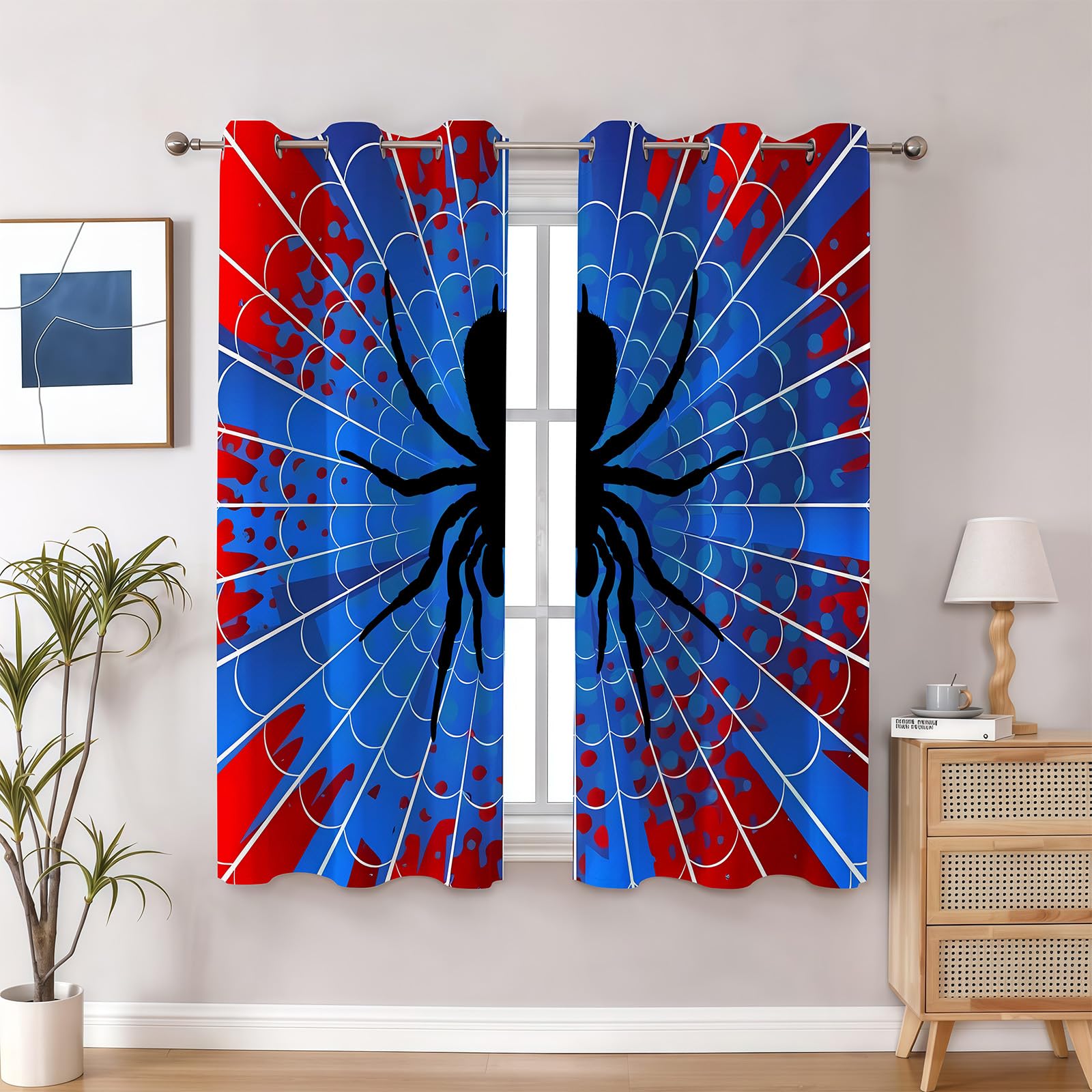 Spider Web Curtains - Blue & Red Superhero Design - Blackout Thermal Insulated Drapes for Kids Room, Bedroom, Living Room - 52 x 63 Inches, 2 Panels