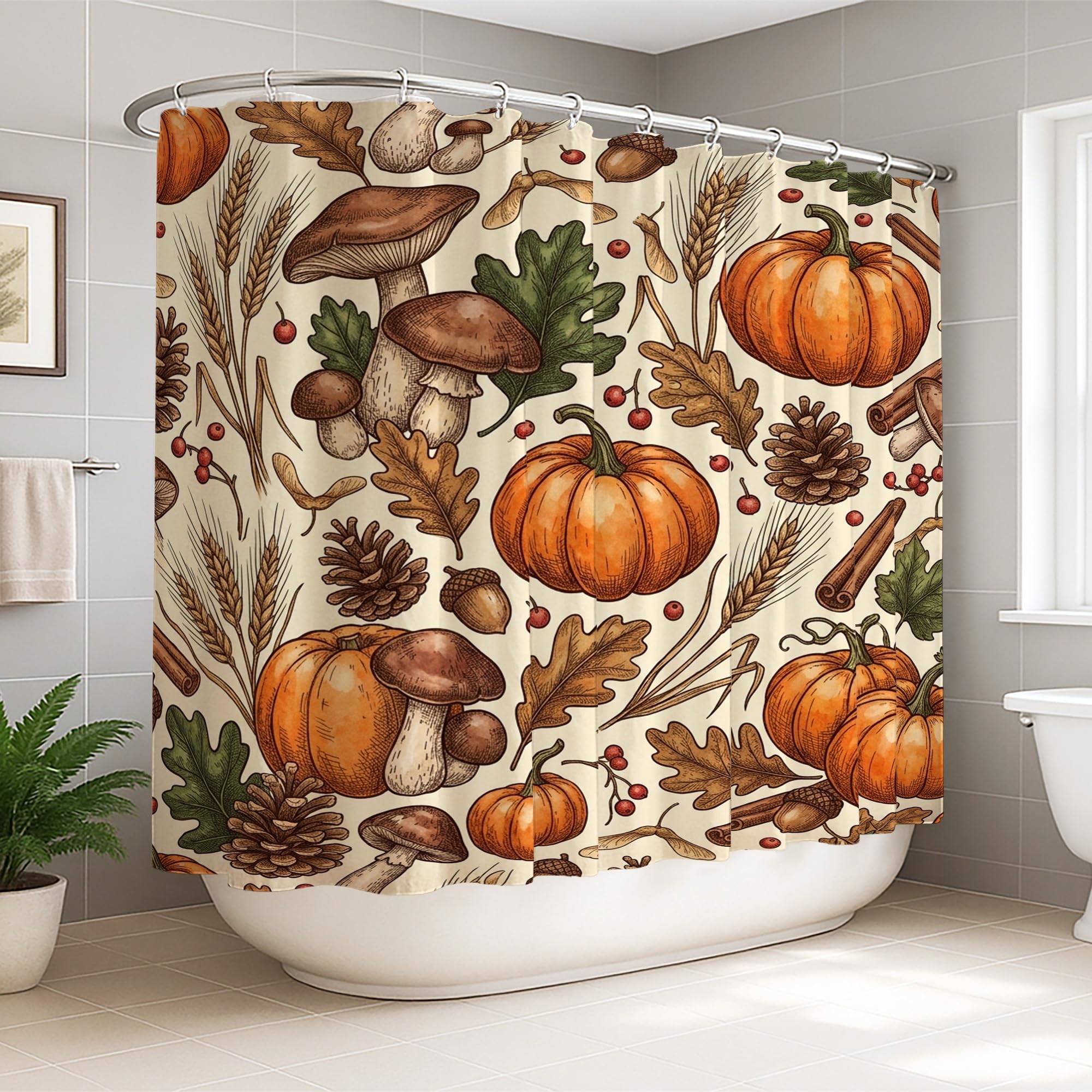 Rideau de douche extra large déco citrouilles et champignons pour chambre d'amis