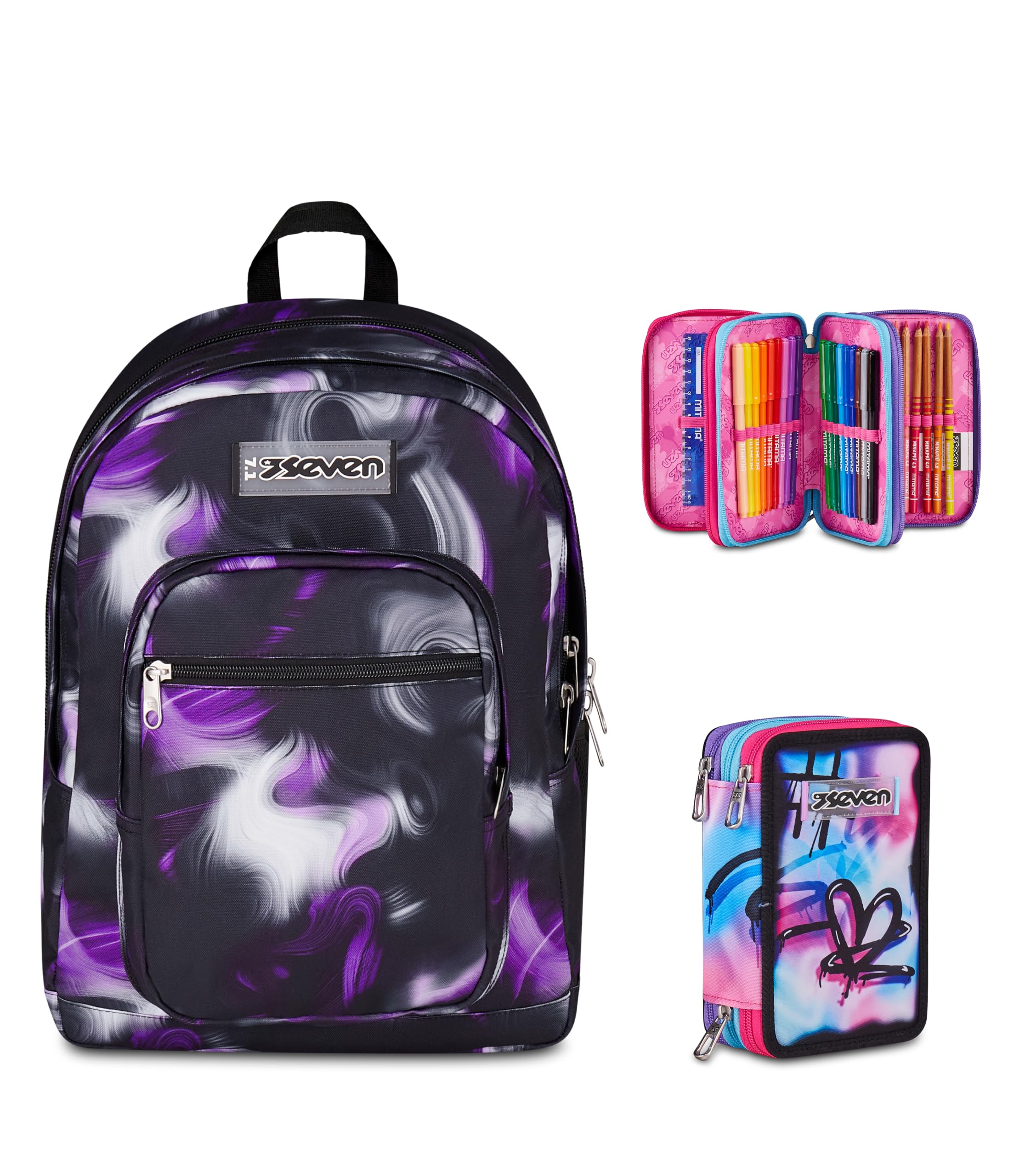 Seven Zaino Scuola FREETHINK, Doppio Scomparto, Nero, 34 L + Astuccio 3 Zip, Completo di Matite e colori, Elementari, Medie, Rodhamine Red, Bambine, Ragazze, rosa/nero