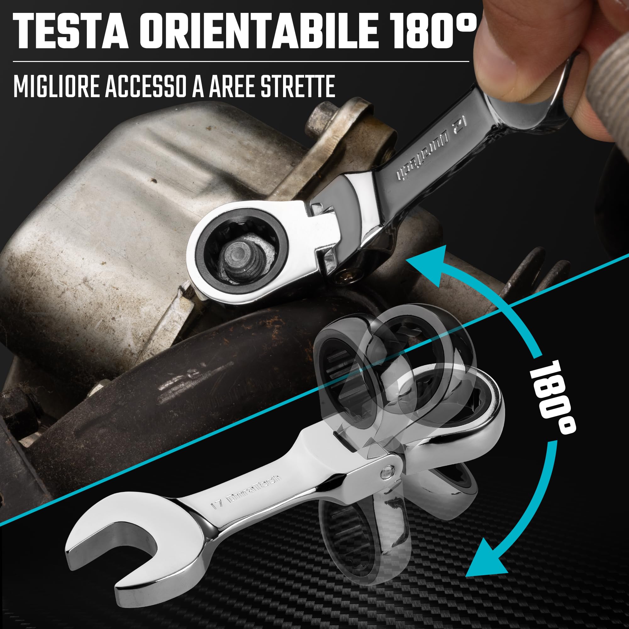 DURATECH Stubby - Set di chiavi combinate a cricchetto con testa flessibile, metrica, 12 pezzi, 8-19 mm, acciaio CR-V, con custodia