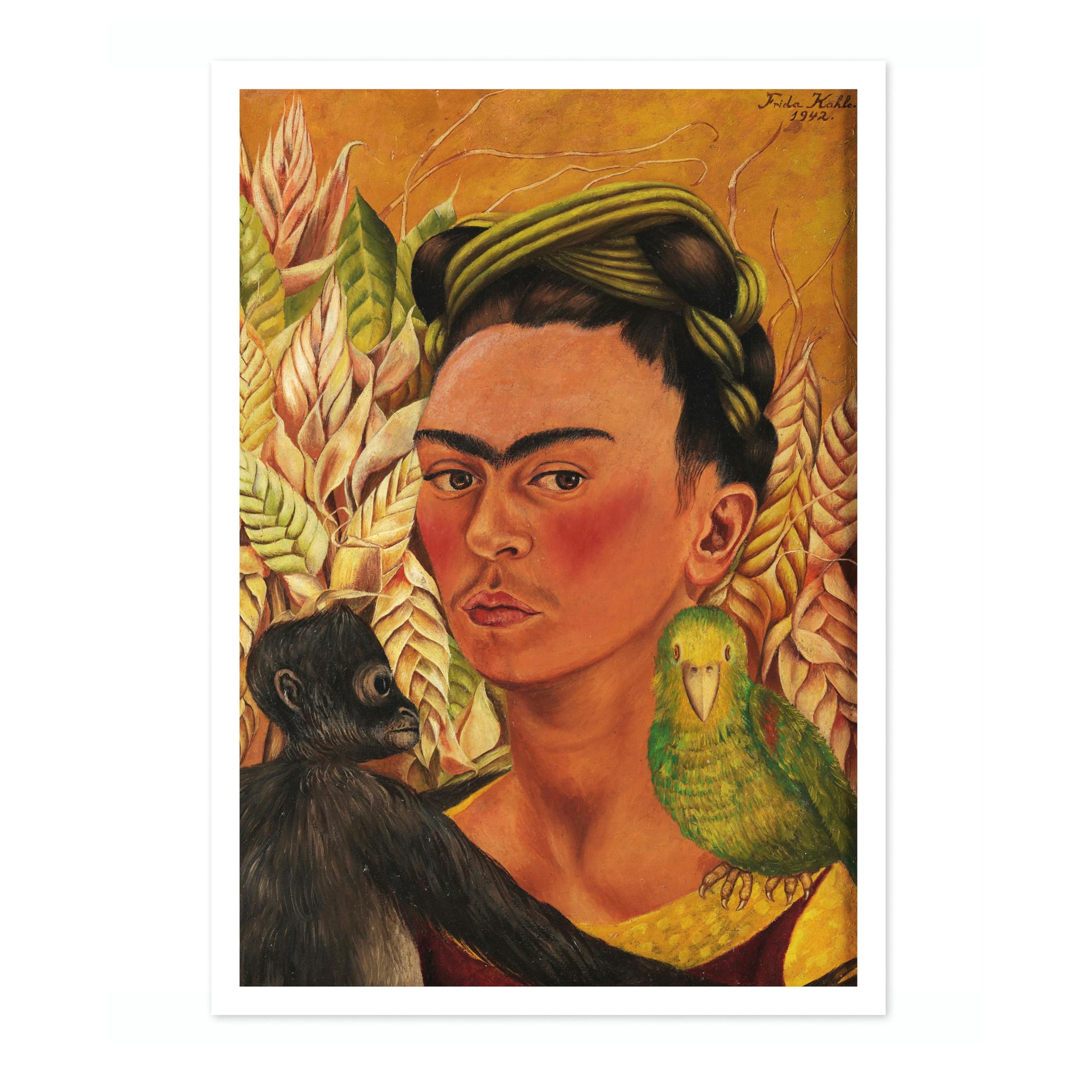 Self-Portrait With Monkey & Parrot Frida Kahlo Poster, Classic Art Painting Print, Art Exhibition Neutral Wall Art, Vintage Minimalist Home Decor Picture, A2 (Print Only) - 59.4x42cm