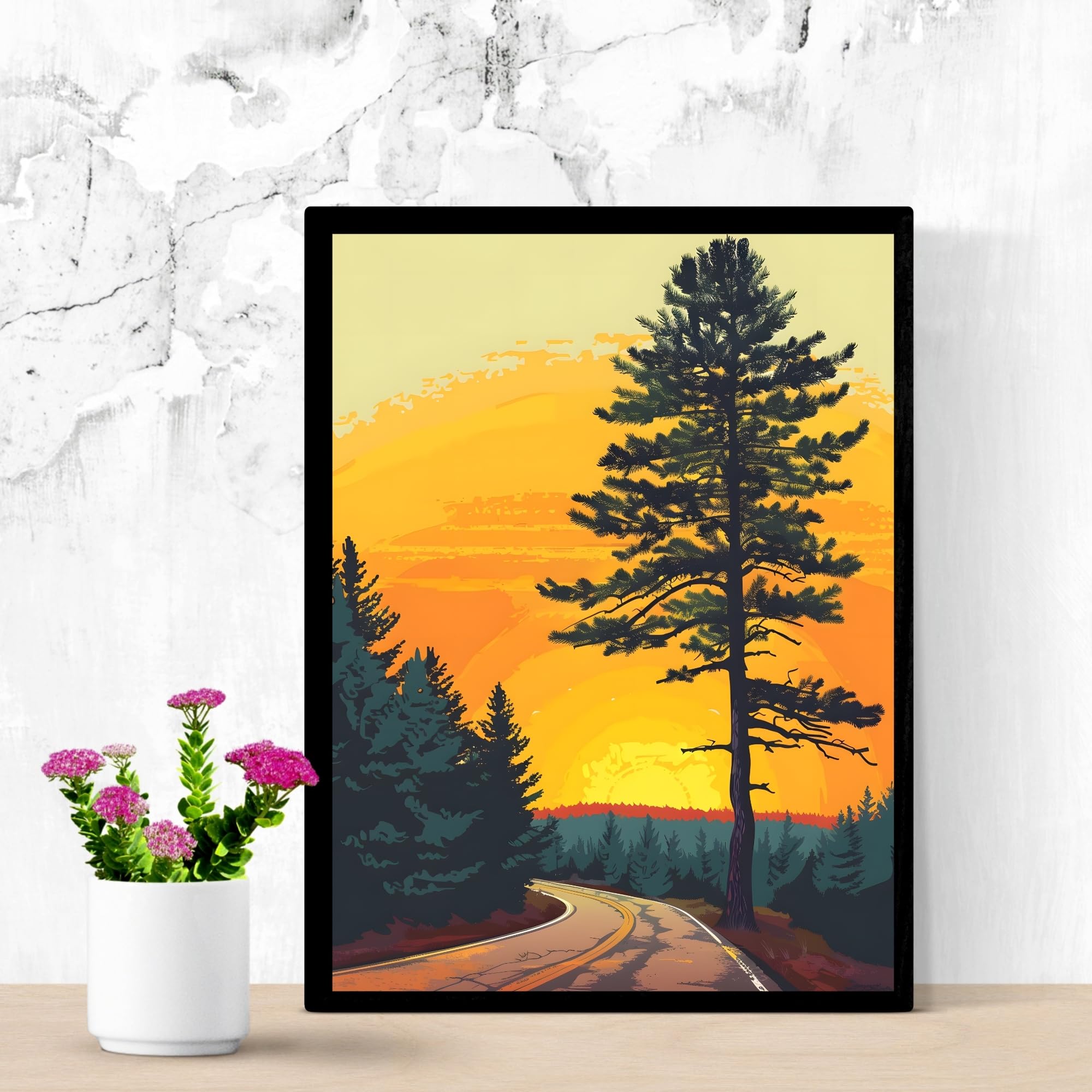 Sunset Scenic Road Wall Art | 8 x 12 Inch Framed Print for Home & Office | Premium Matte Finish | Landscape Nature Painting for Living Room, Bedroom Decor