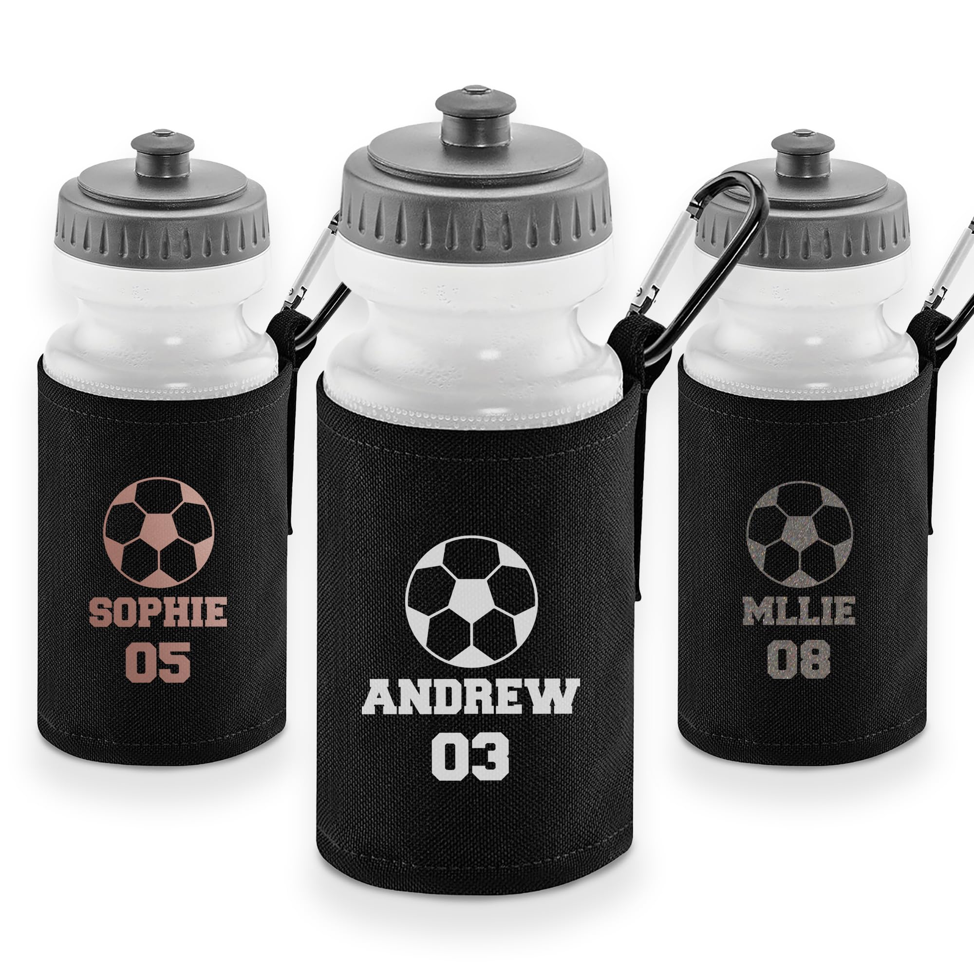 Custom Name & Number Kids Football Water Bottle 500ml – Personalised School & Sports Drink Flask with Insulated Sleeve and Clip – BPA Free Reusable Bottle for Boys & Girls PE, Training & Clubs — image 1