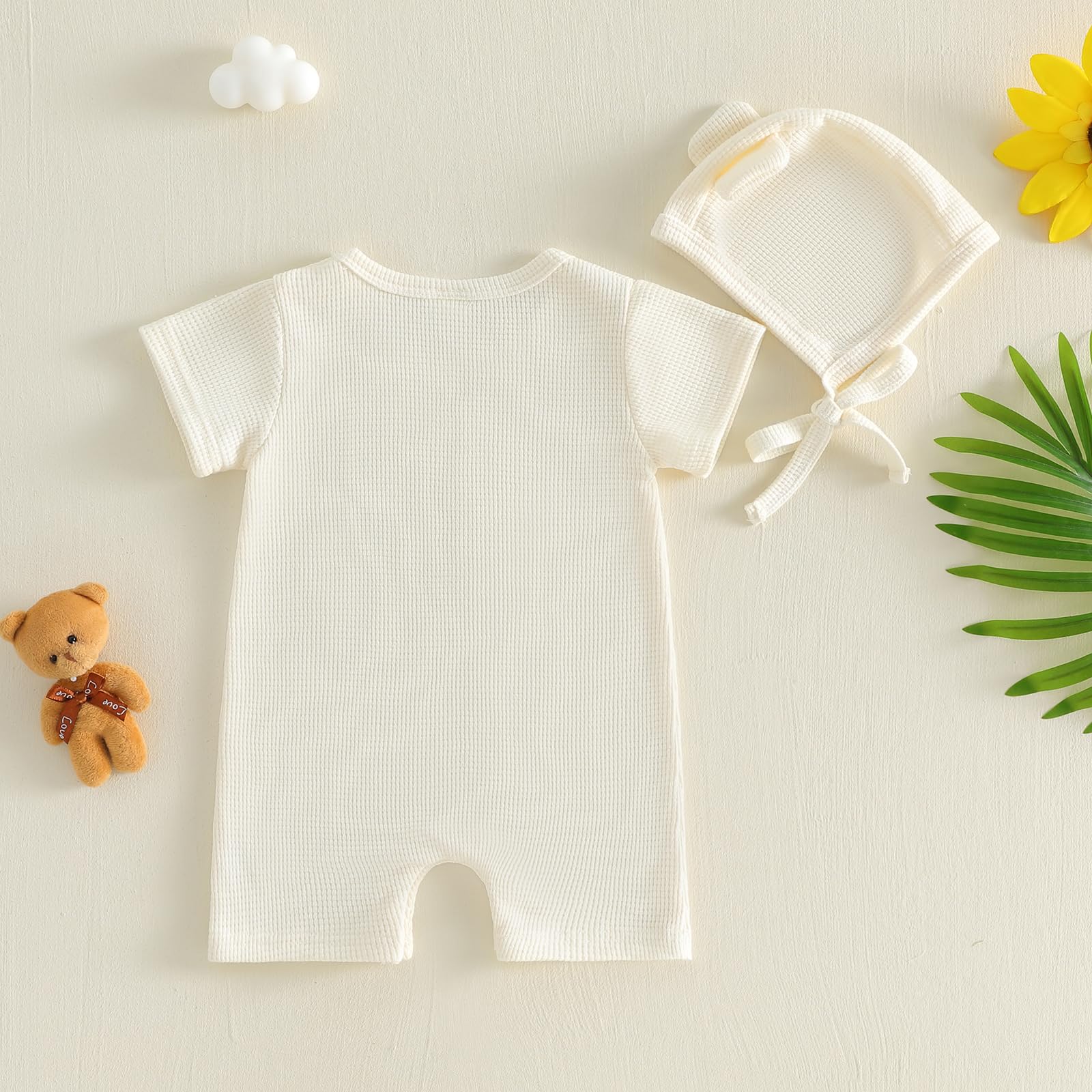 Vestiti Neonato Bambino Pagliaccetto Estate Orso Ricamo Manica Corta Tuta Waffle Tutina Maglia Tuta Bambino Un Pezzo Completo con Cappello Set