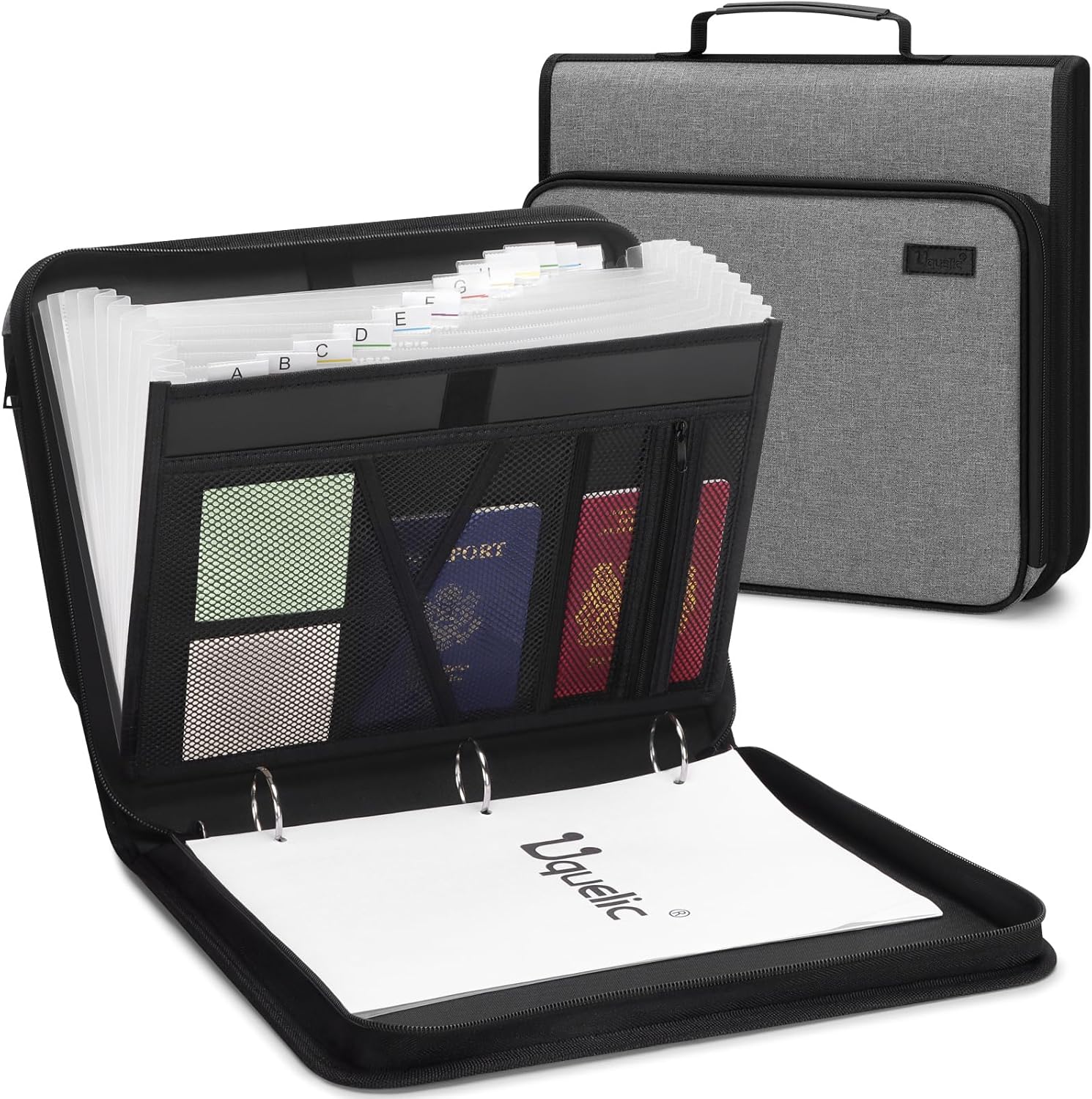 Uquelic Accordion File Organizer Binder with Multi Pockets, Expanding File Folders with 13 Pockets, Handle and Labels, Portable Home Travel Safe Storage for Letter A4 Files and More (Grey)