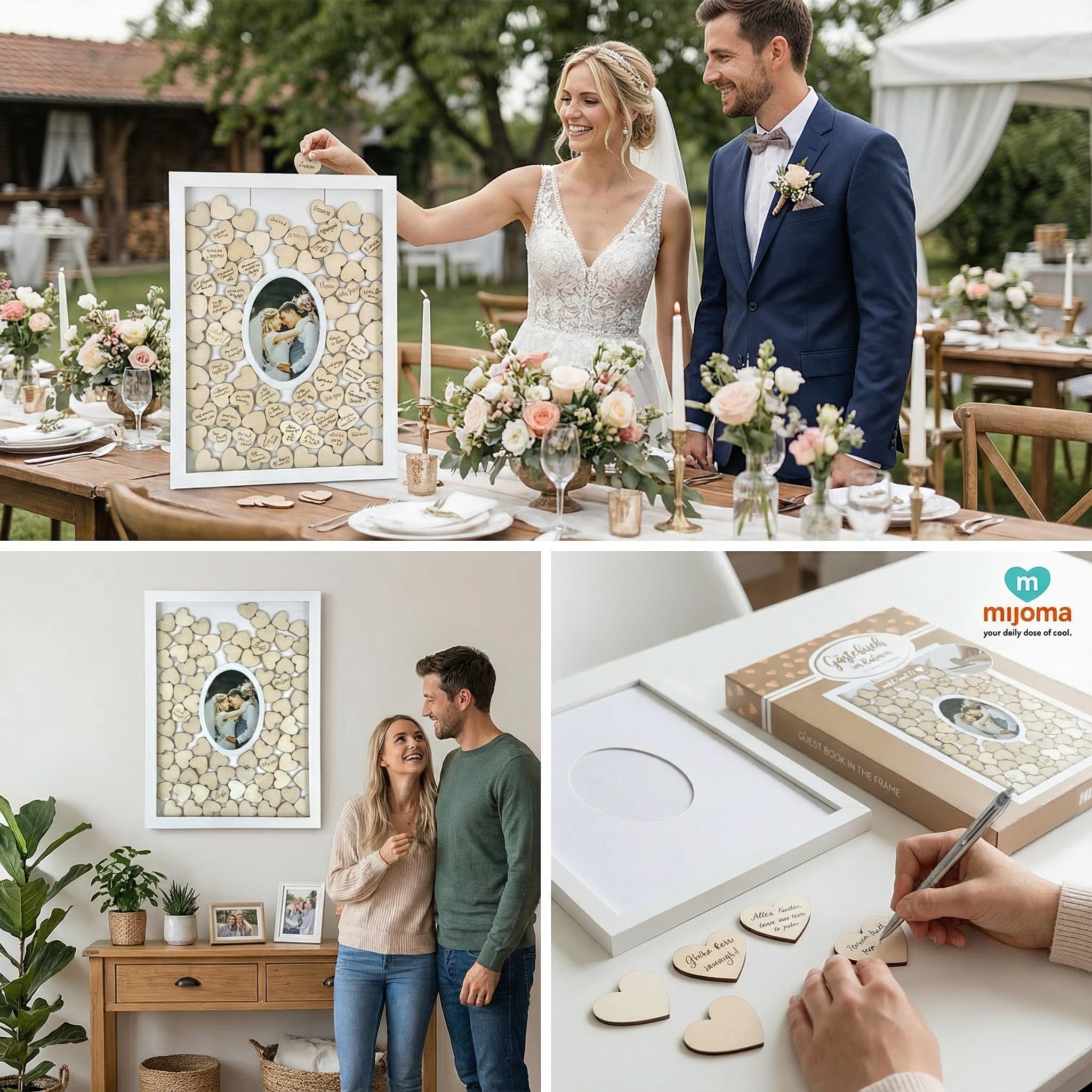 MIJOMA Cadre photo pour livre d'or – Cadre en bois blanc avec 72 cœurs en bois à écrire – Alternative au livre d'or pour mariage, baptême, anniversaire, décoration, souvenir à suspendre
