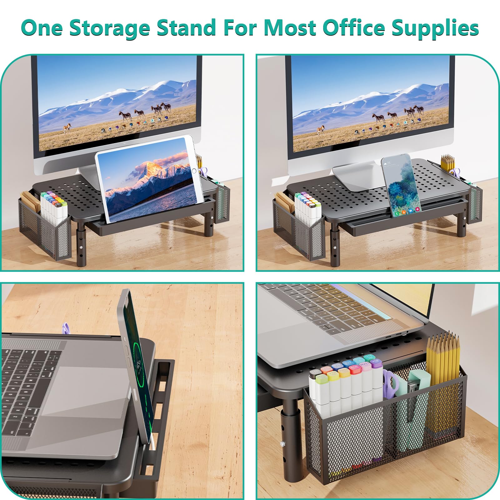 WALI Supporto per monitor del computer con contenitore, supporto per monitor con cassetto e portapenne, alzata per laptop regolabile in altezza a 3 livelli, organizer da scrivania per computer, laptop