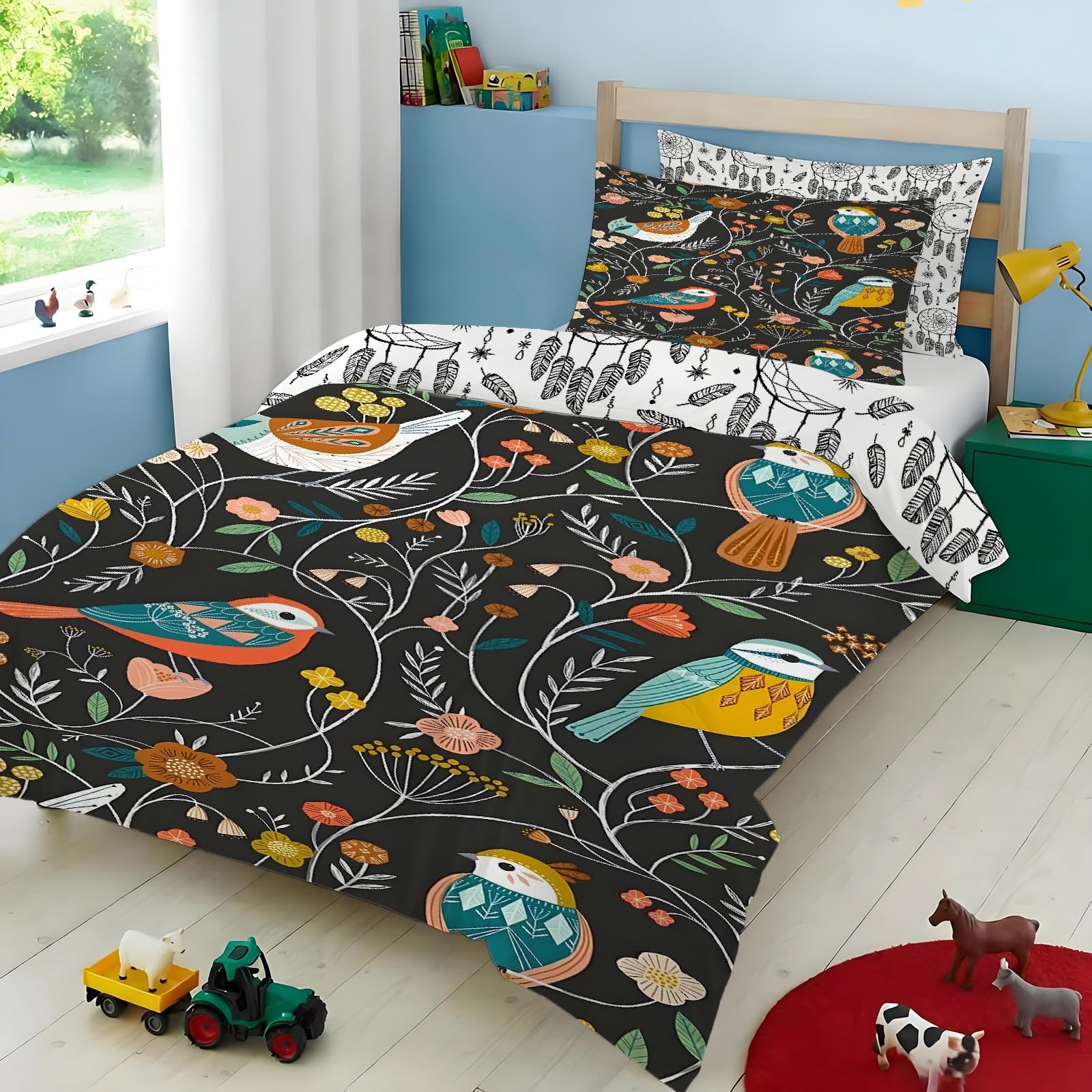 Housse de couette 200x200 cm aux motifs d'oiseaux pour une chambre lumineuse