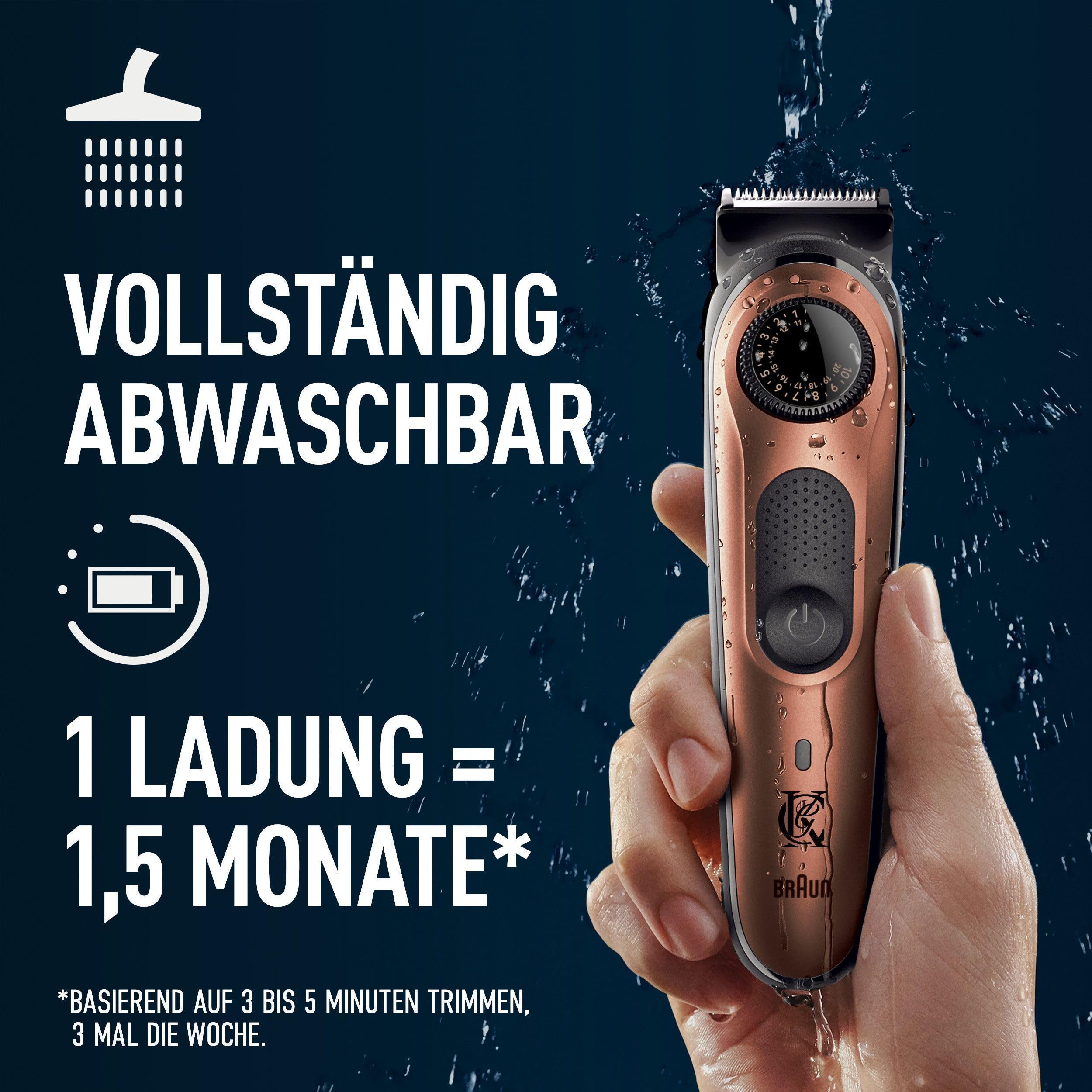 King C. Gillette Barttrimmer Pro, Geschenkset, Kupfer - Bartschneider Herren, Trimmer mit Präzisionsrad für 40 Längen, Kabelloser Bart Rasierer, Inkl. Bartshampoo 60ml + Bartbalsam 25ml