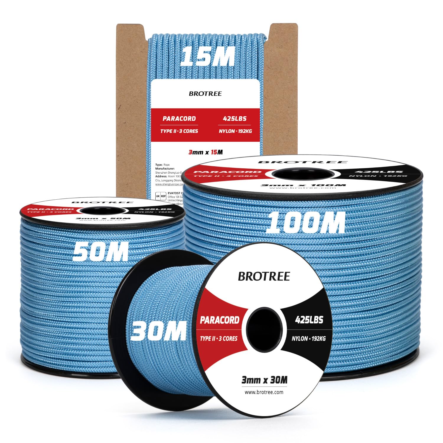 Brotree 3mm Paracord 425 100% Nylon 15M Rope 3 Strands Type II Parachute Cord for Outdoor, Craft, DIY - 192kg Breaking Load (Sky Blue)
